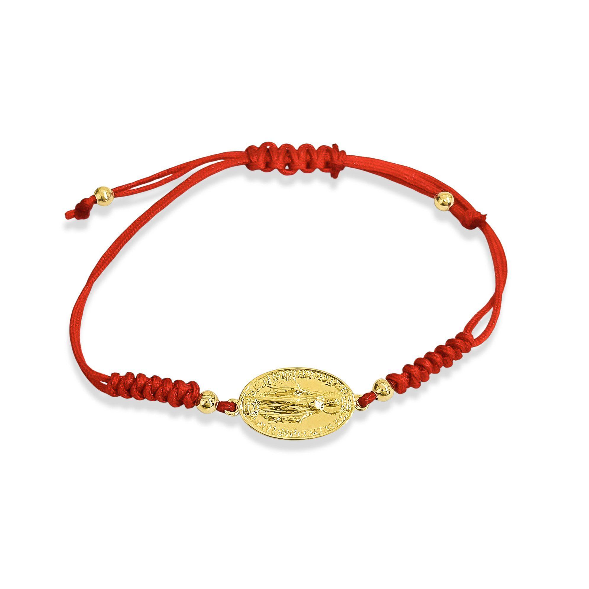 Pulsera Virgen De Los Rayos Ovalada Enchapada en Oro 18K Cordón Rojo-2