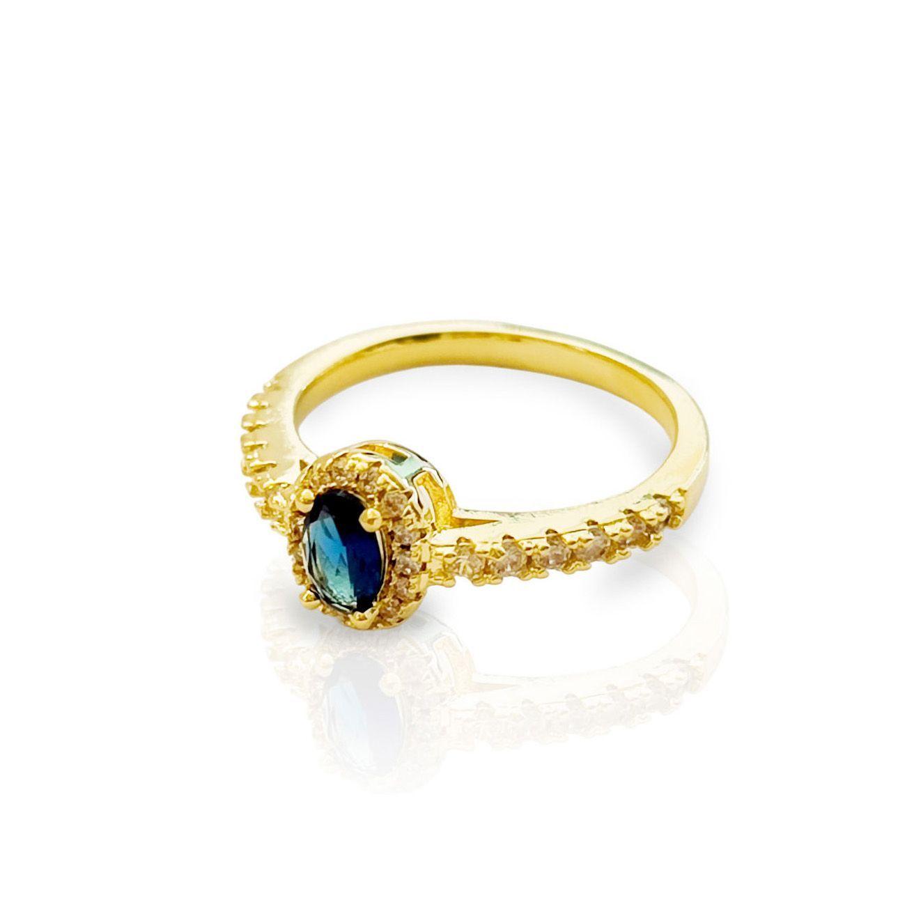 Anillo Pilar Solitario Circón Azul Enchapado Oro 18K-0