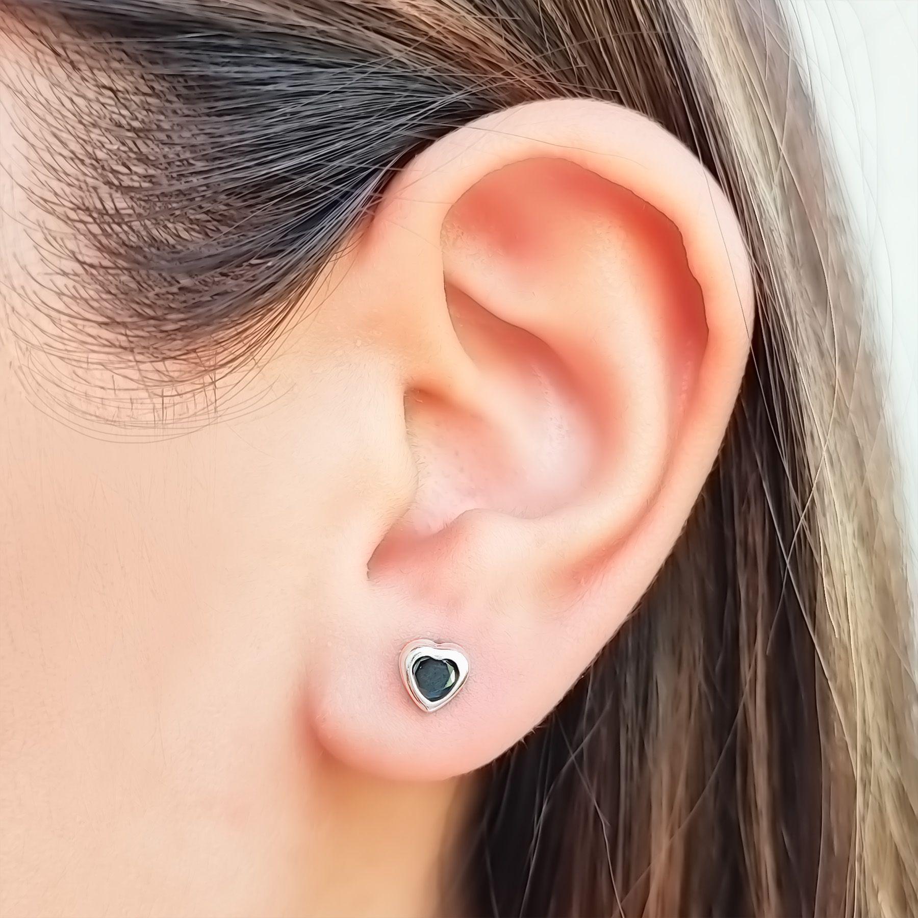 Aros Corazón Circón Negro 6mm Plata Fina 925-3