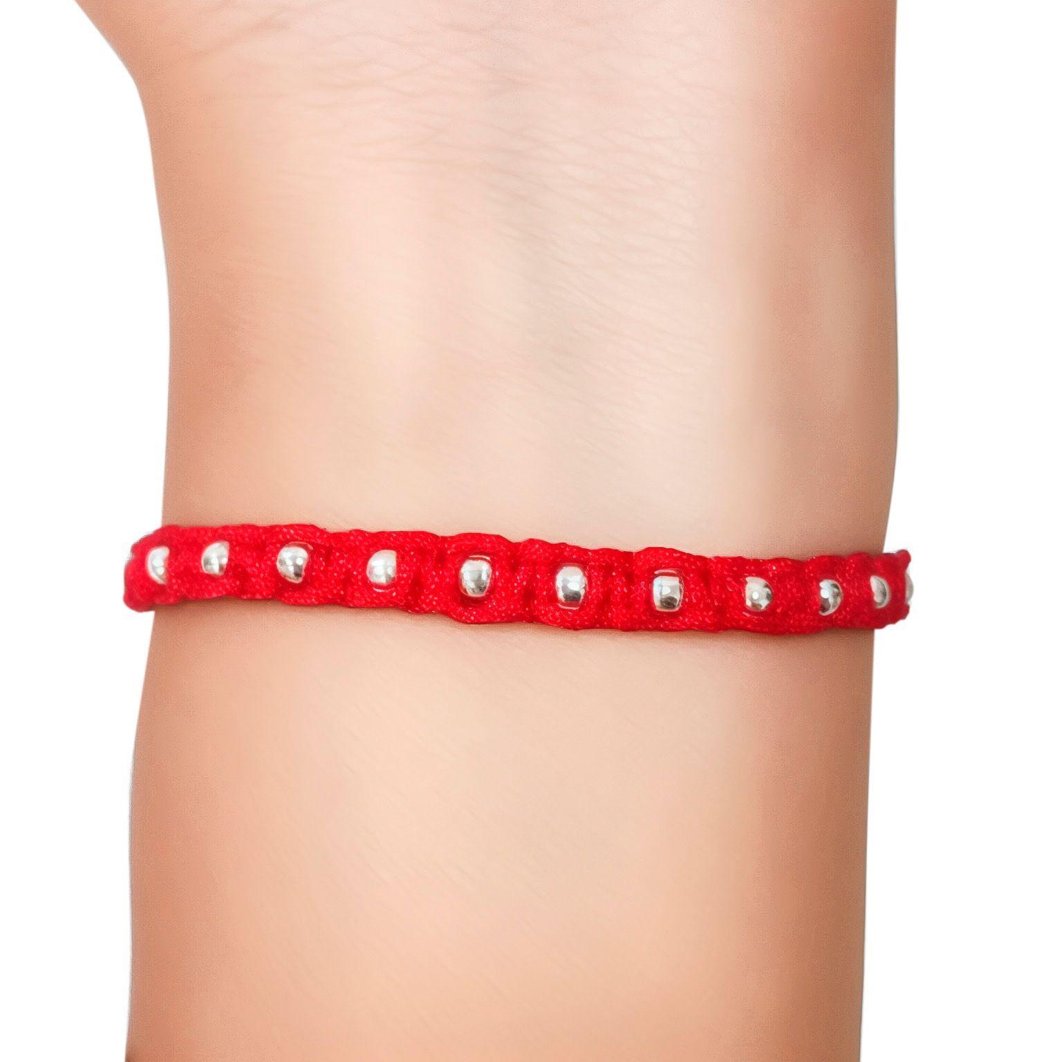 Pulsera Tejida Cordón Rojo Bolitas Plata Fina 925-2