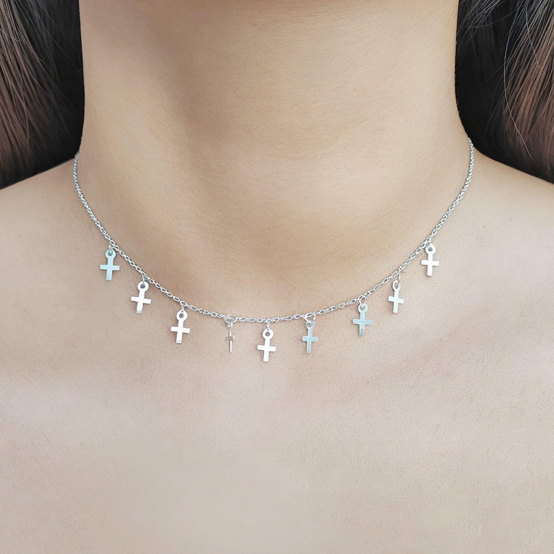 Collar Choker Cruces Plata Fina 925-2