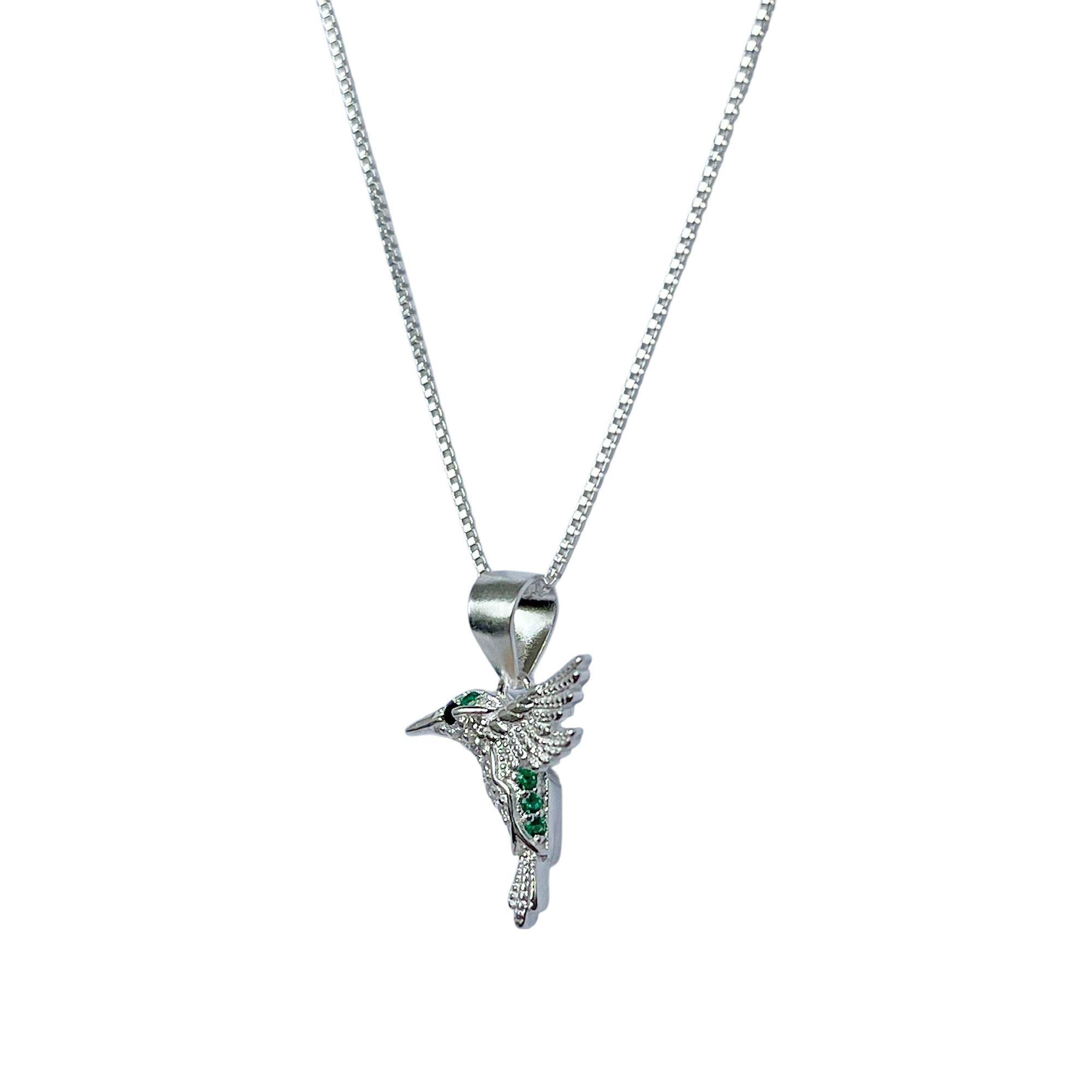 Collar Colibrí Circón Negro Verde Plata Fina 925-2