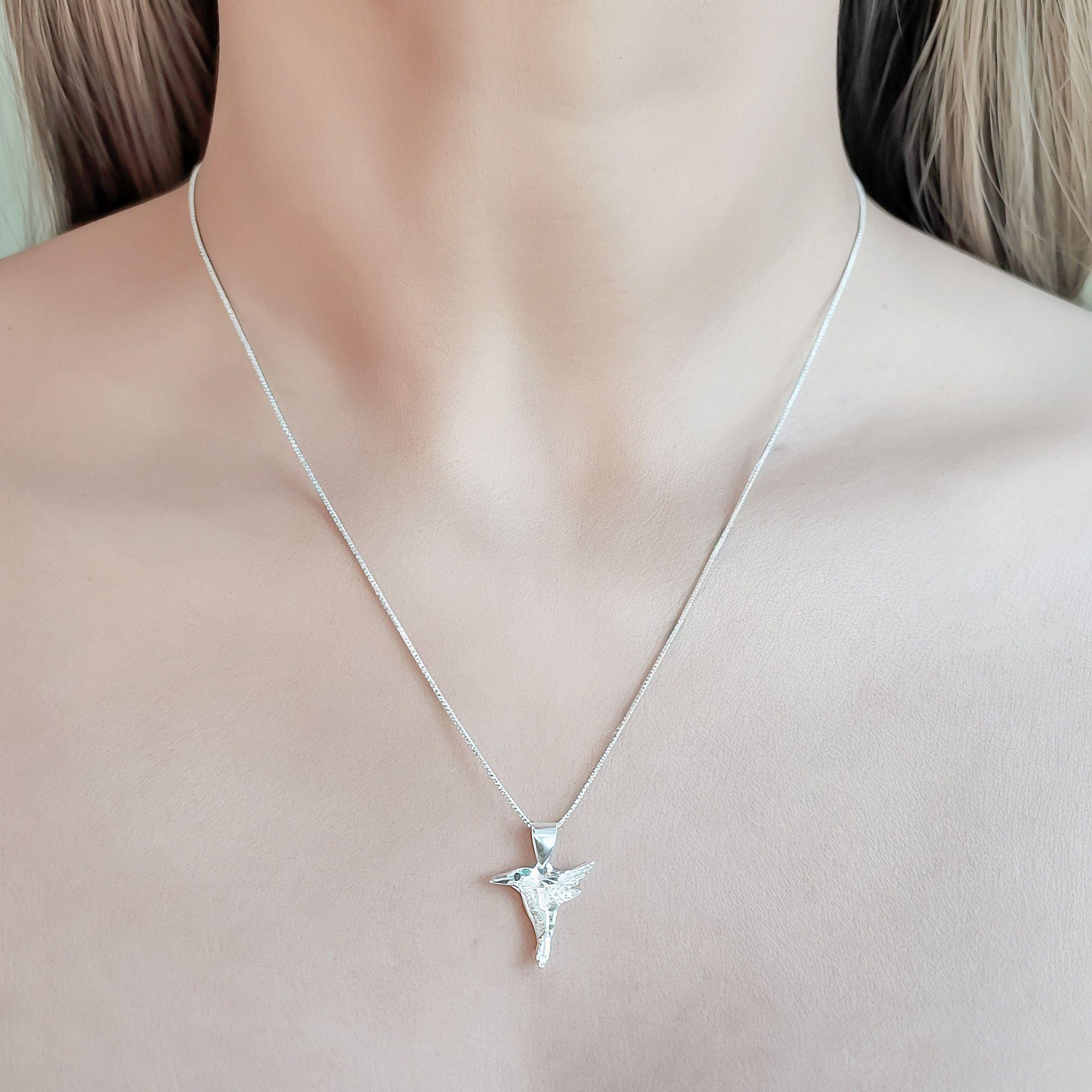 Collar Colibrí Circón Negro Verde Plata Fina 925-3