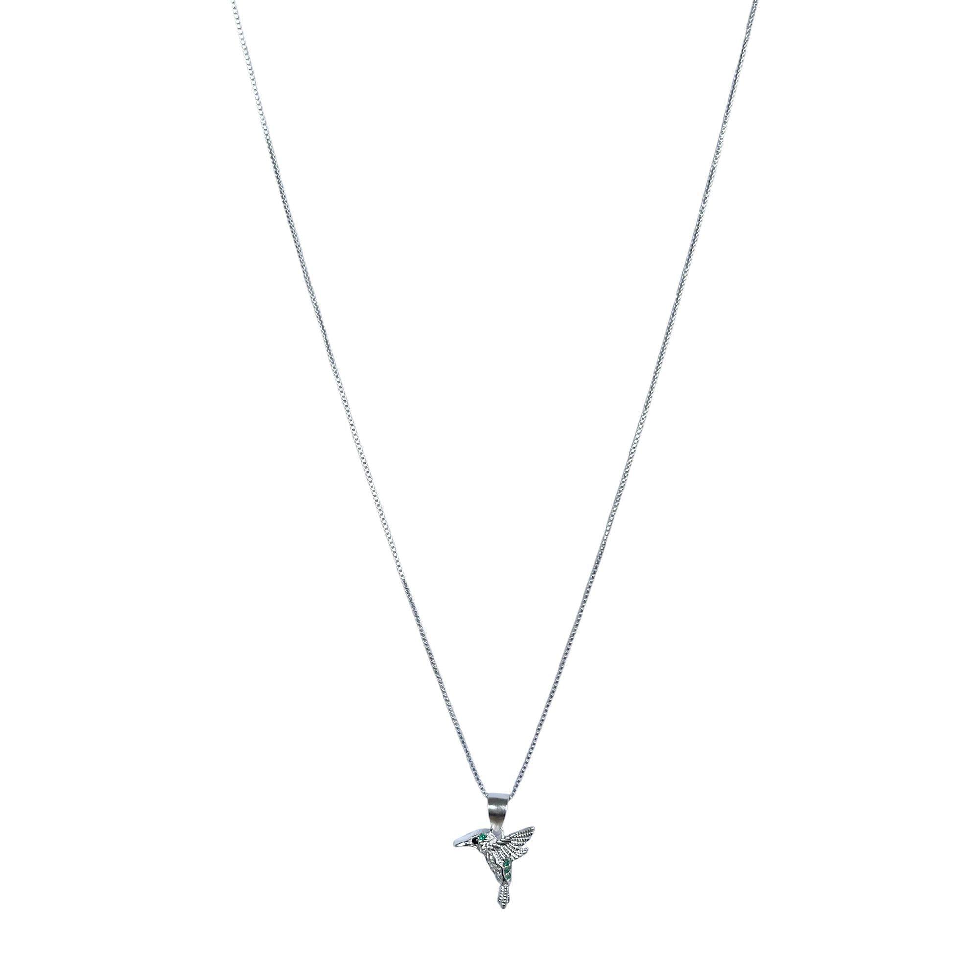 Collar Colibrí Circón Negro Verde Plata Fina 925-3