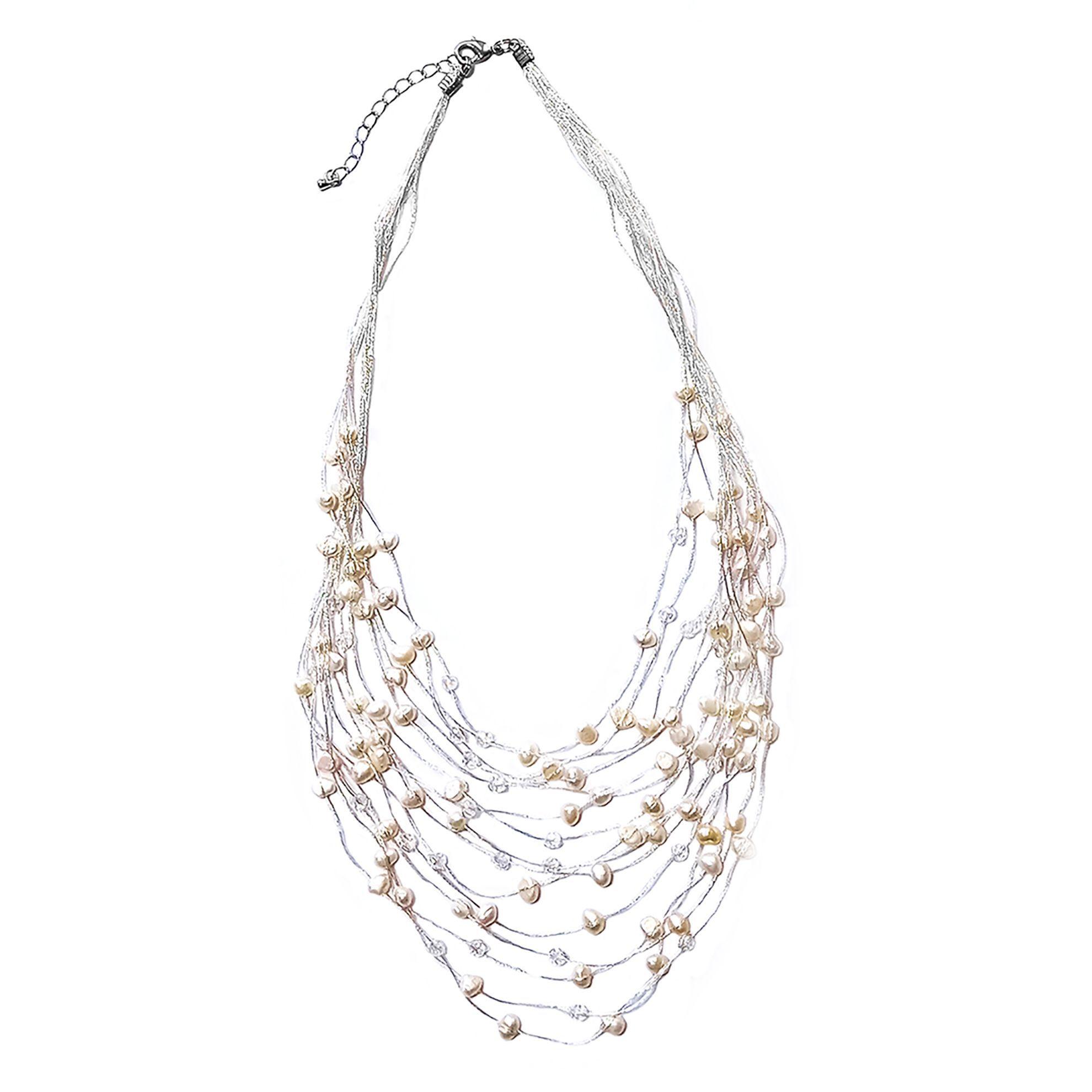 Collar Perlas De Río Blancas Cristales Cordones Seda-0