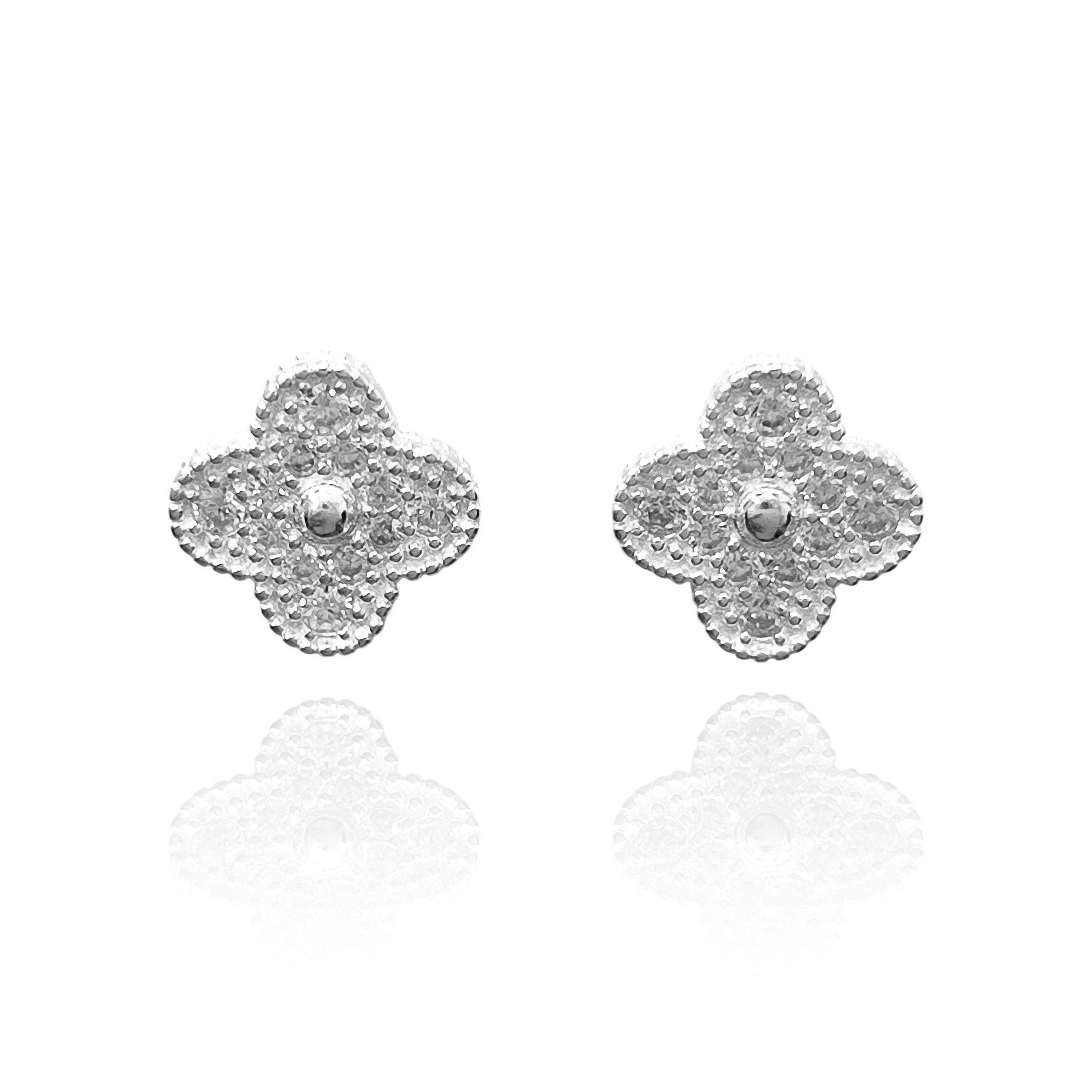 Aros Trébol 4 Hojas Circón Blanco Plata Fina 925-0