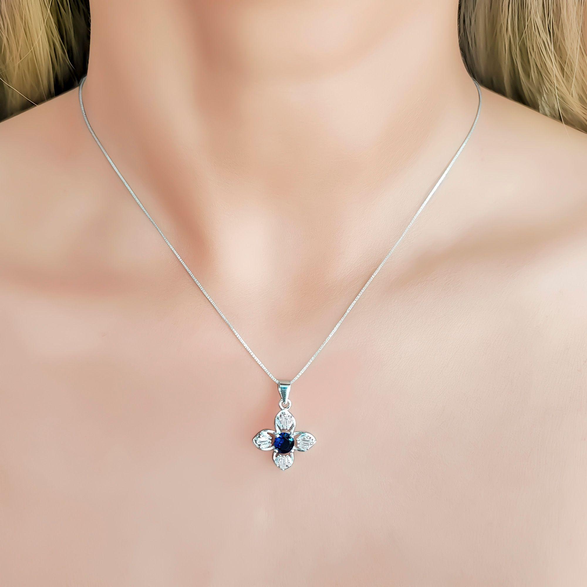 Collar Trébol Circón Azul Blanco Plata Fina 925 -2