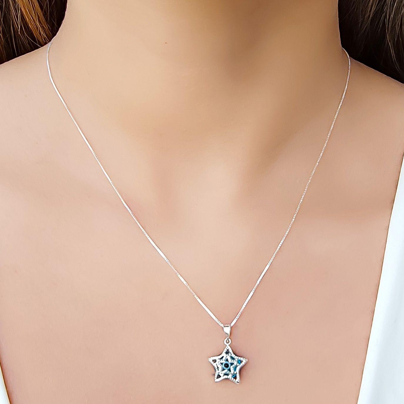 Collar Estrella Ojo Turco 45cm Plata Fina 925-1