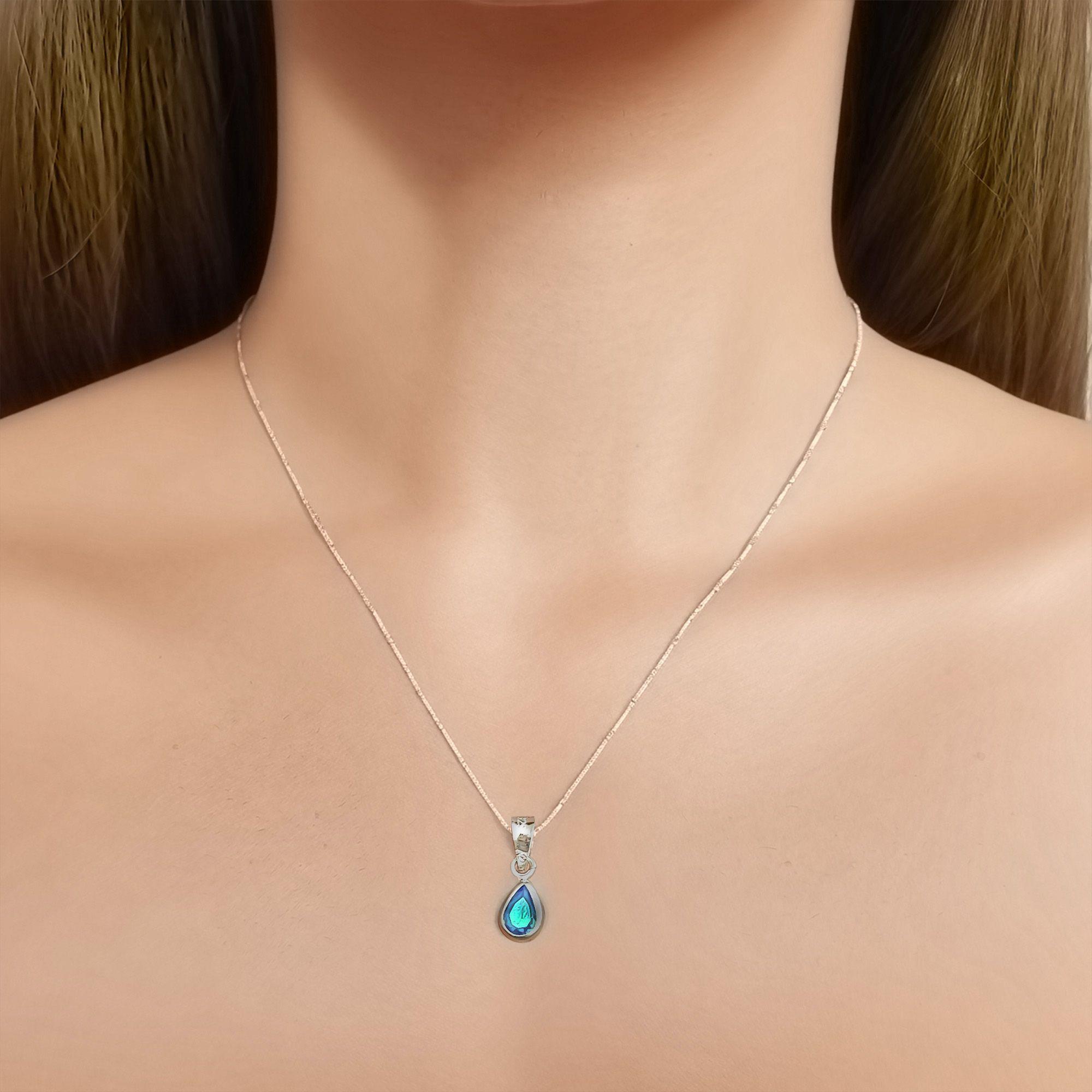 Collar Gota Circón Celeste Plata Fina 925-1