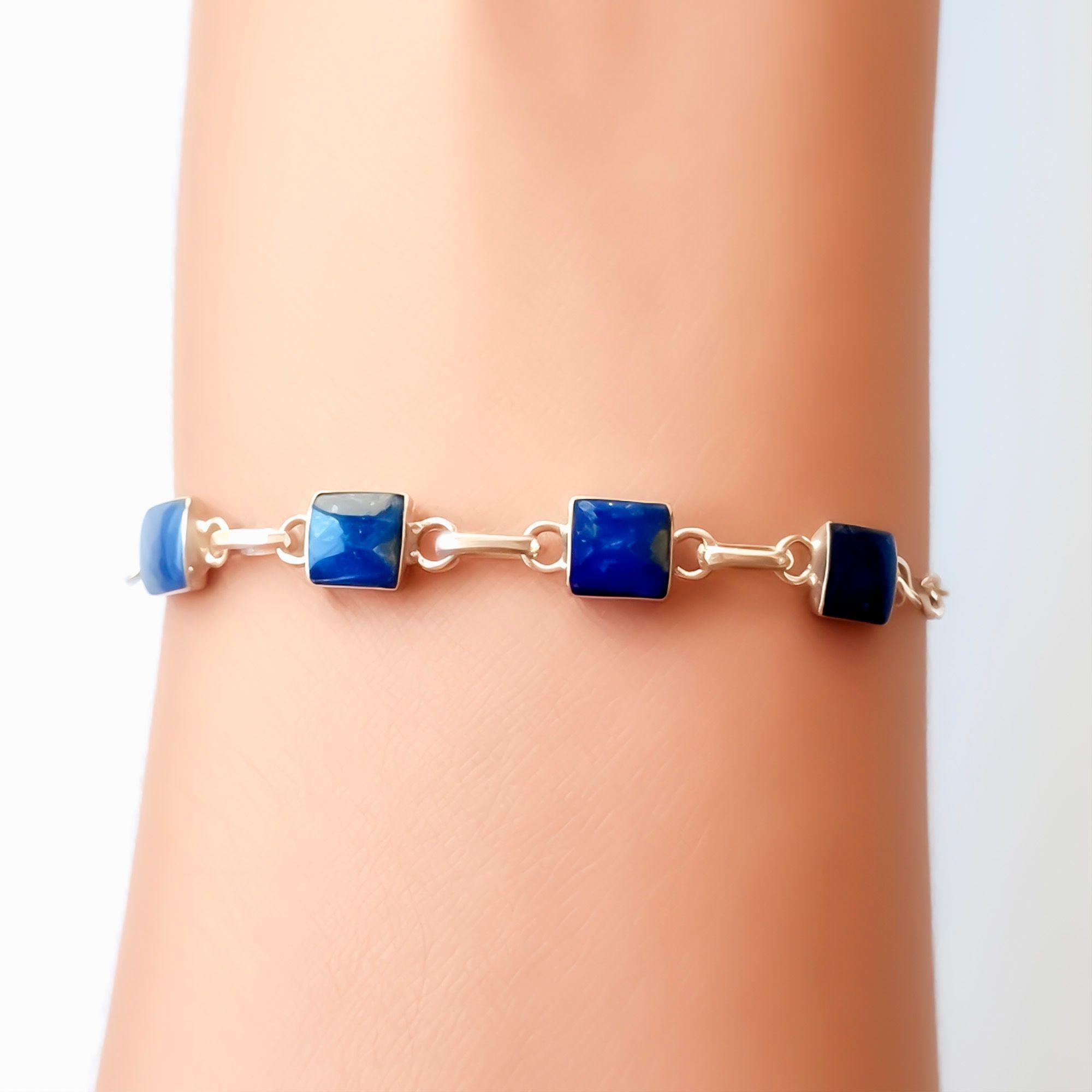 Pulsera Lapislázuli Cuadrado Cadena Plata Fina 925-2