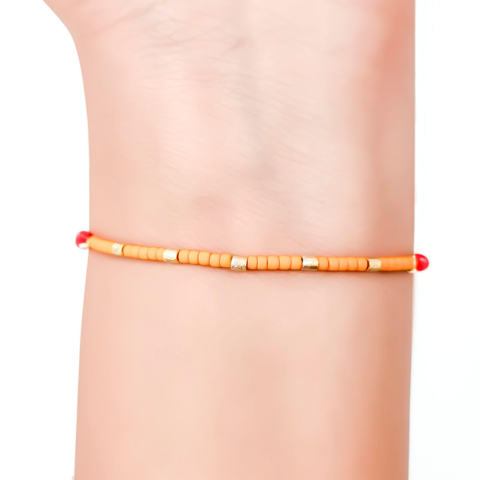 Pulsera Resina Amarilla Mostacilla Enchapado Oro 18K Cordón Rojo-2