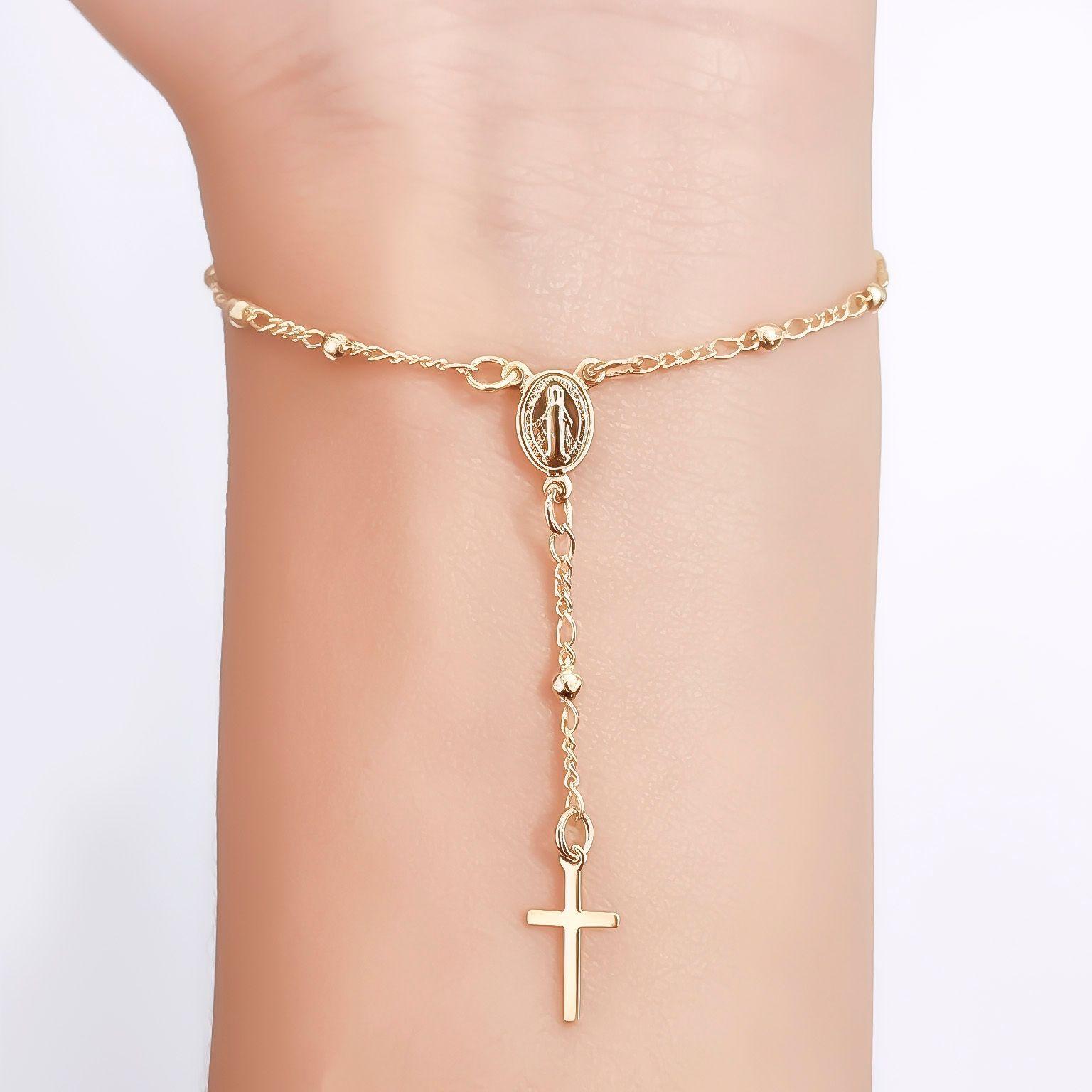 Pulsera Denario Virgen De Los Rayos Bolitas Enchapado Oro 18K-3