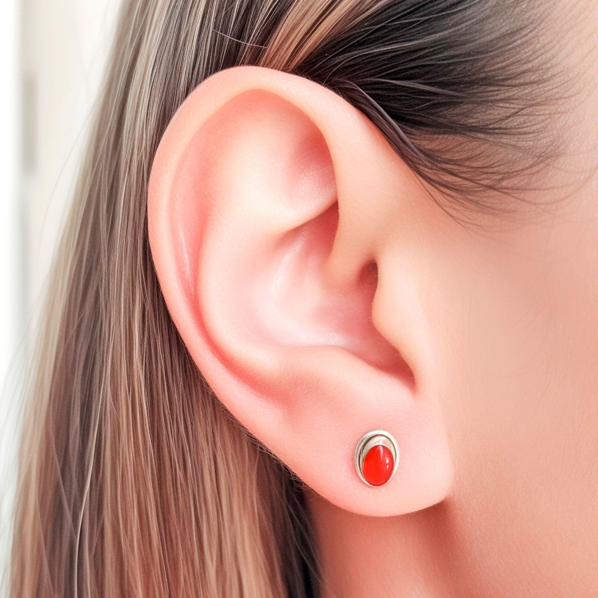 Aros Botón Óvalo Cornalina Plata Fina 925-2