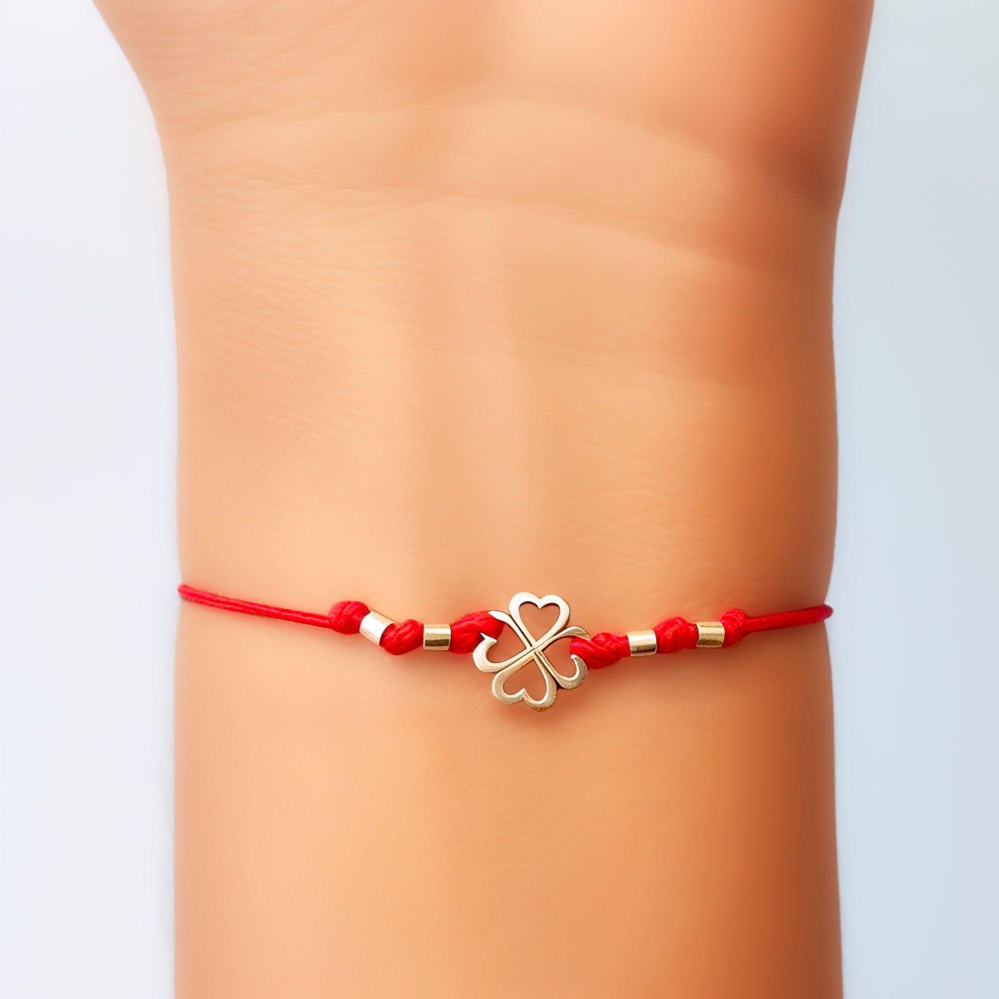 Pulsera Trébol Mostacilla Plata Fina 925 Cordón Rojo -2