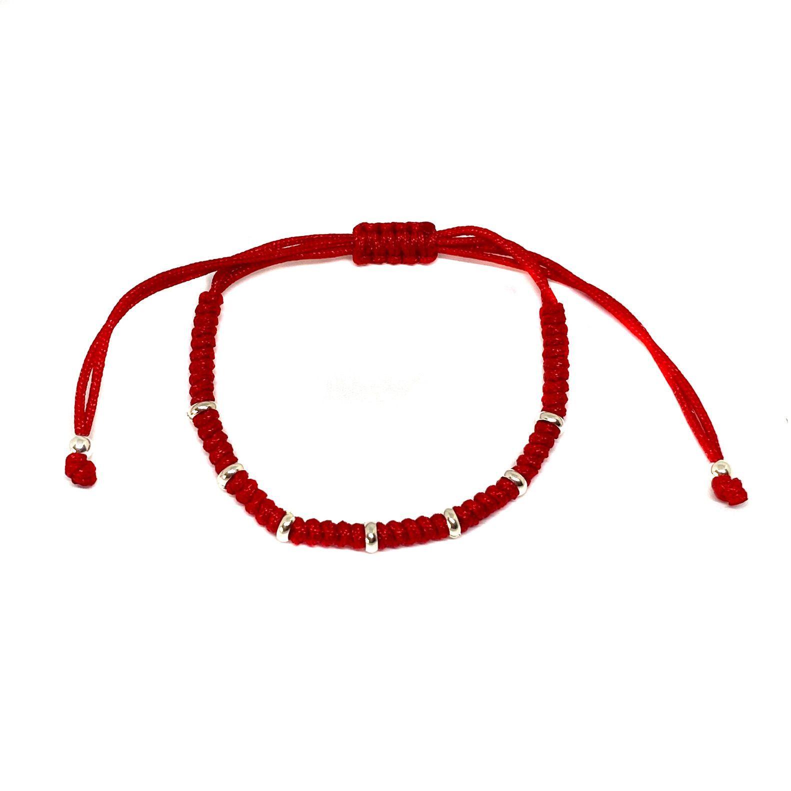 Pulsera 7 Arandelas Plata Fina 925 Cordón Rojo-0