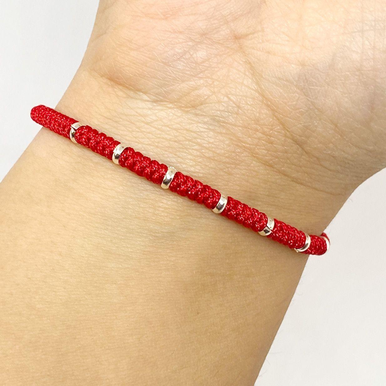 Pulsera 7 Arandelas Plata Fina 925 Cordón Rojo-1