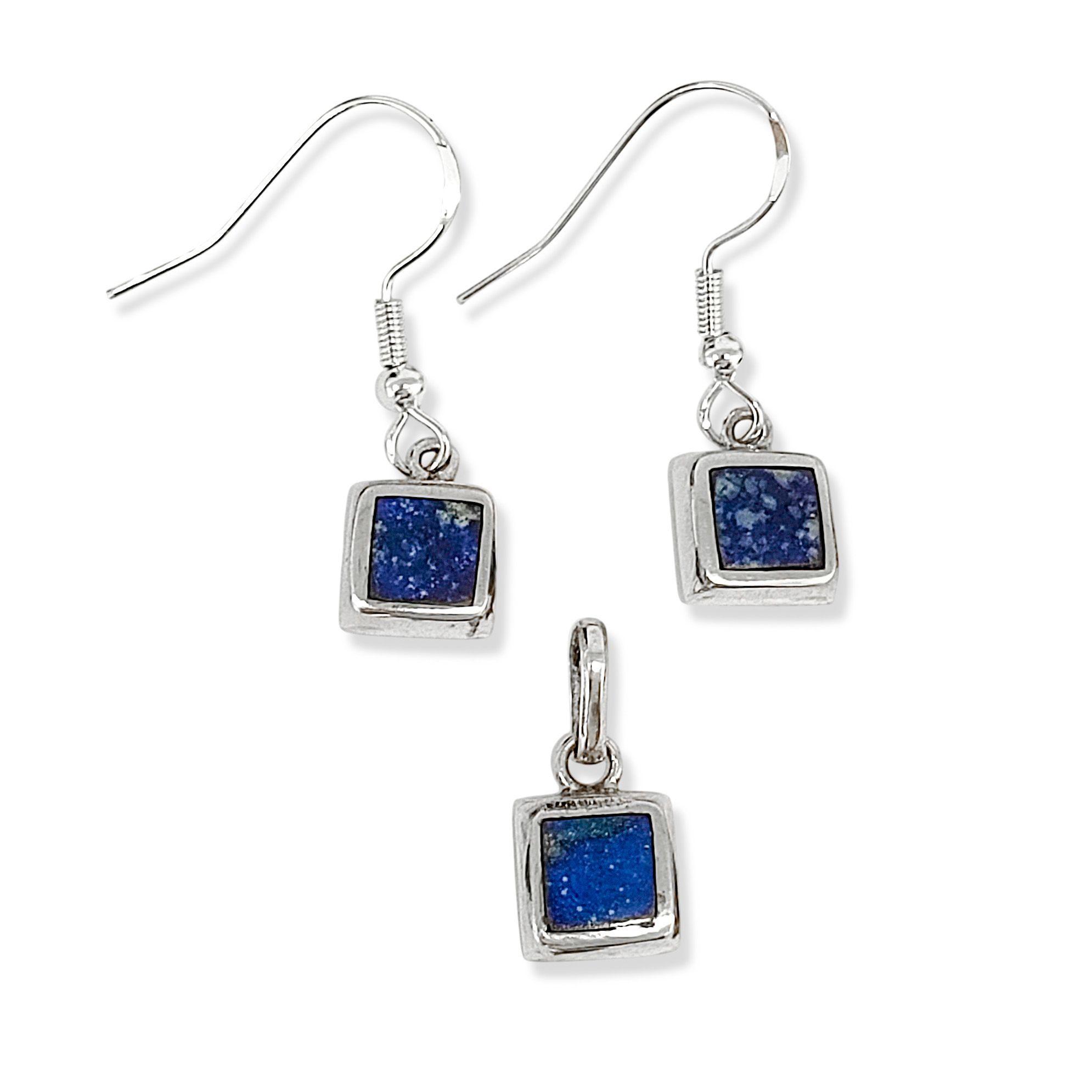 Set Lapislázuli Aros Colgante Cuadrado Gancho Plata Fina 950-2