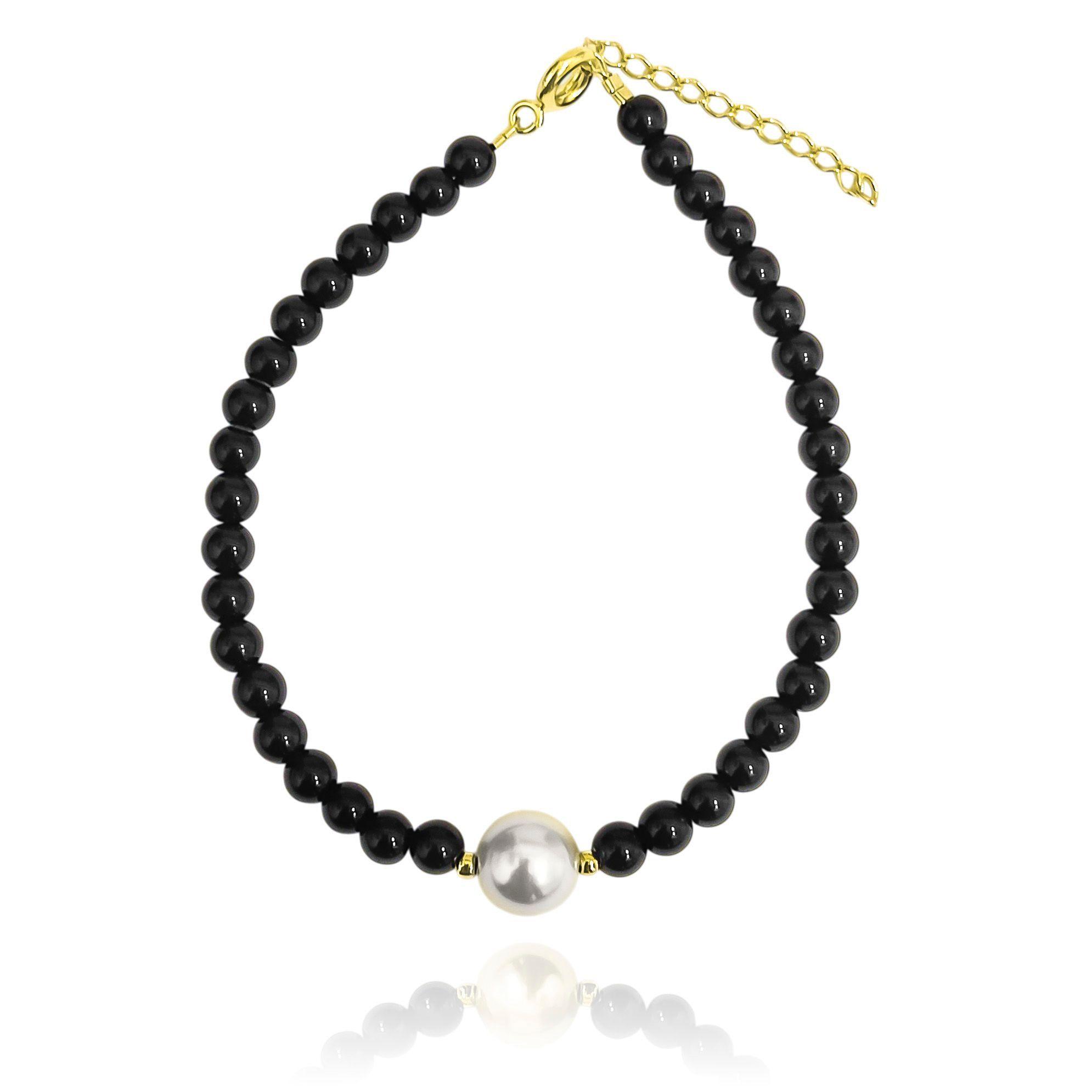Pulsera Ónix 4mm Shellpearl 8mm Enchapado Oro 18K-2