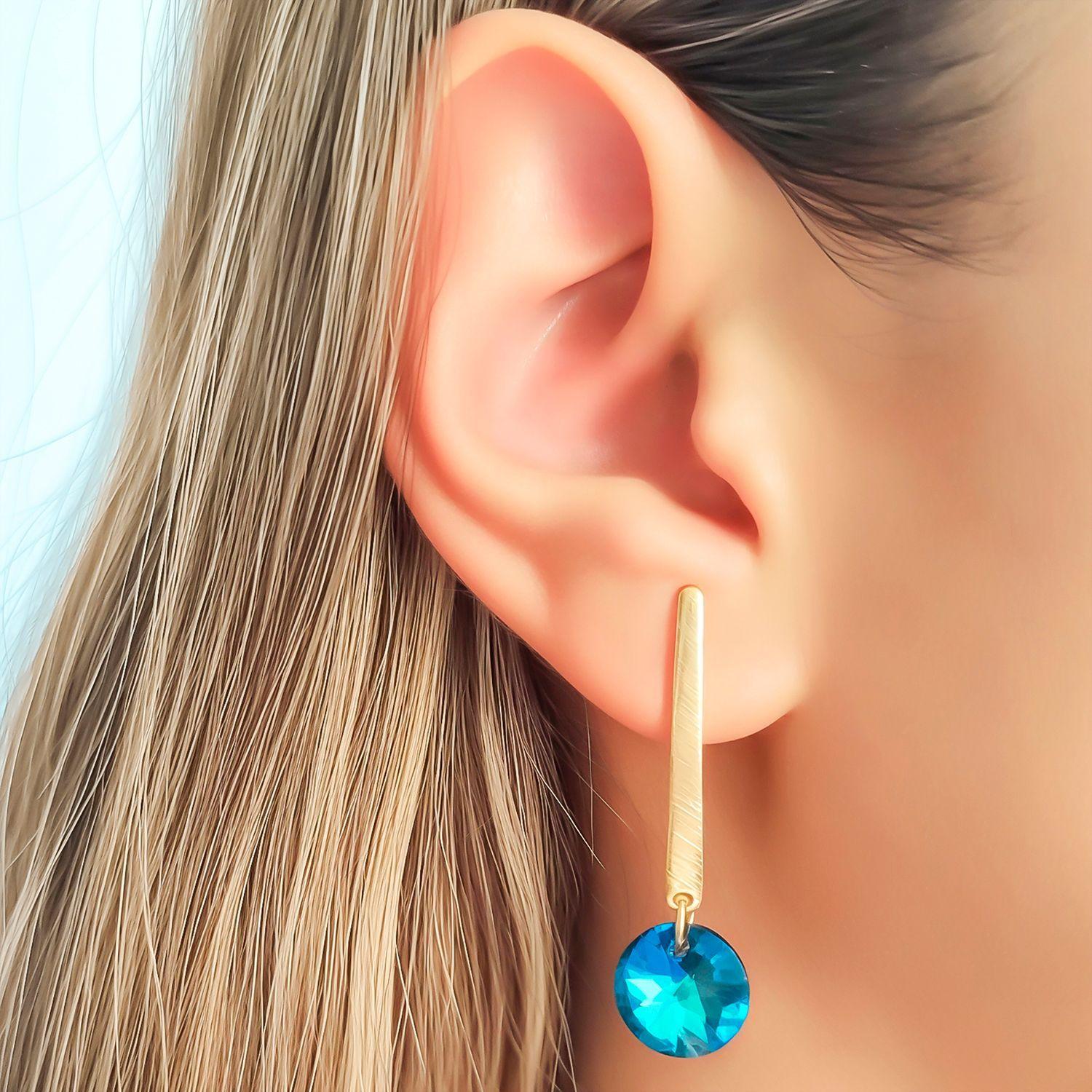 Aros Cristal Azul Bermuda 12mm Enchapado Oro 18K-2