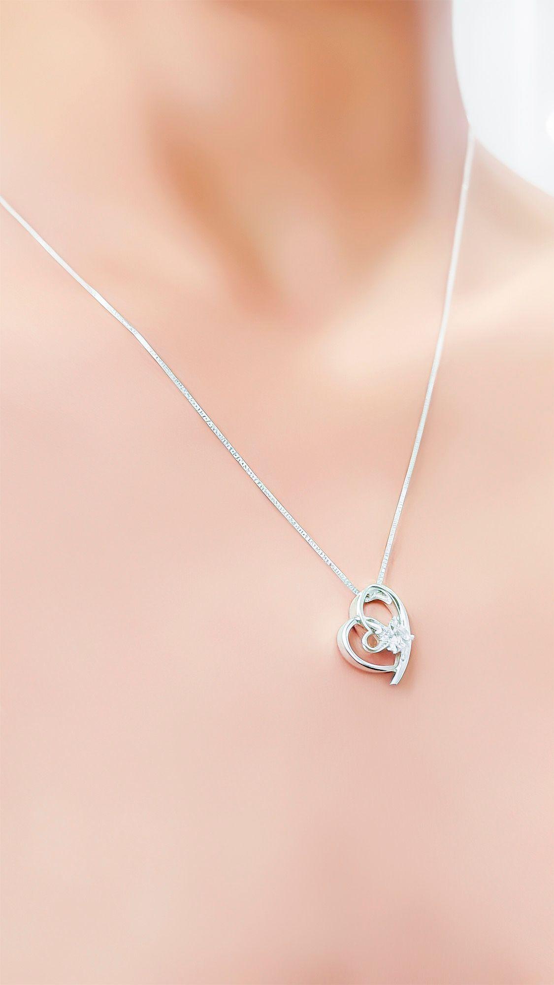 Collar Corazón Circón 45cm Plata Fina 925-3