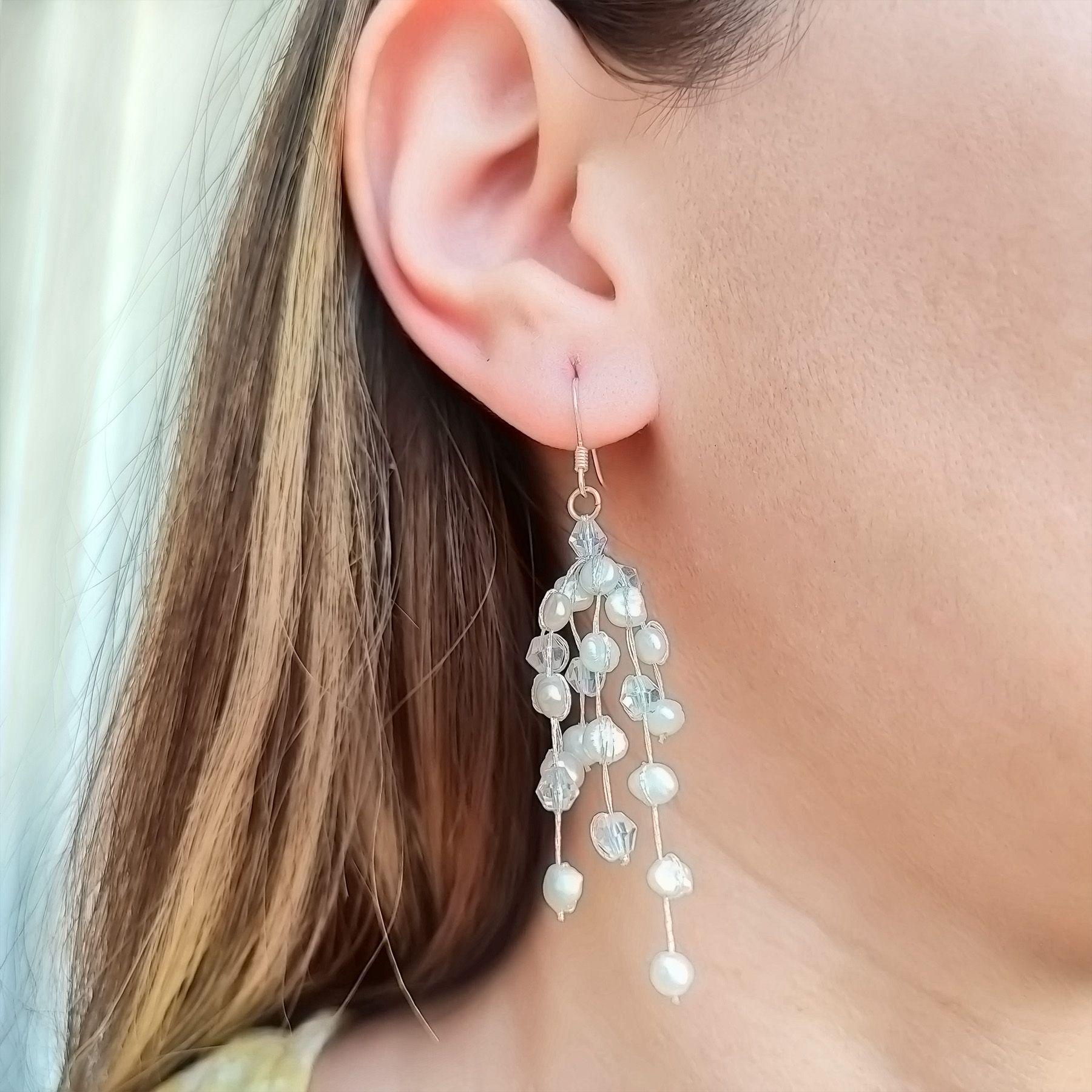 Aros Racimo Perlas de Río Blanco Gancho Plata Fina 925-0