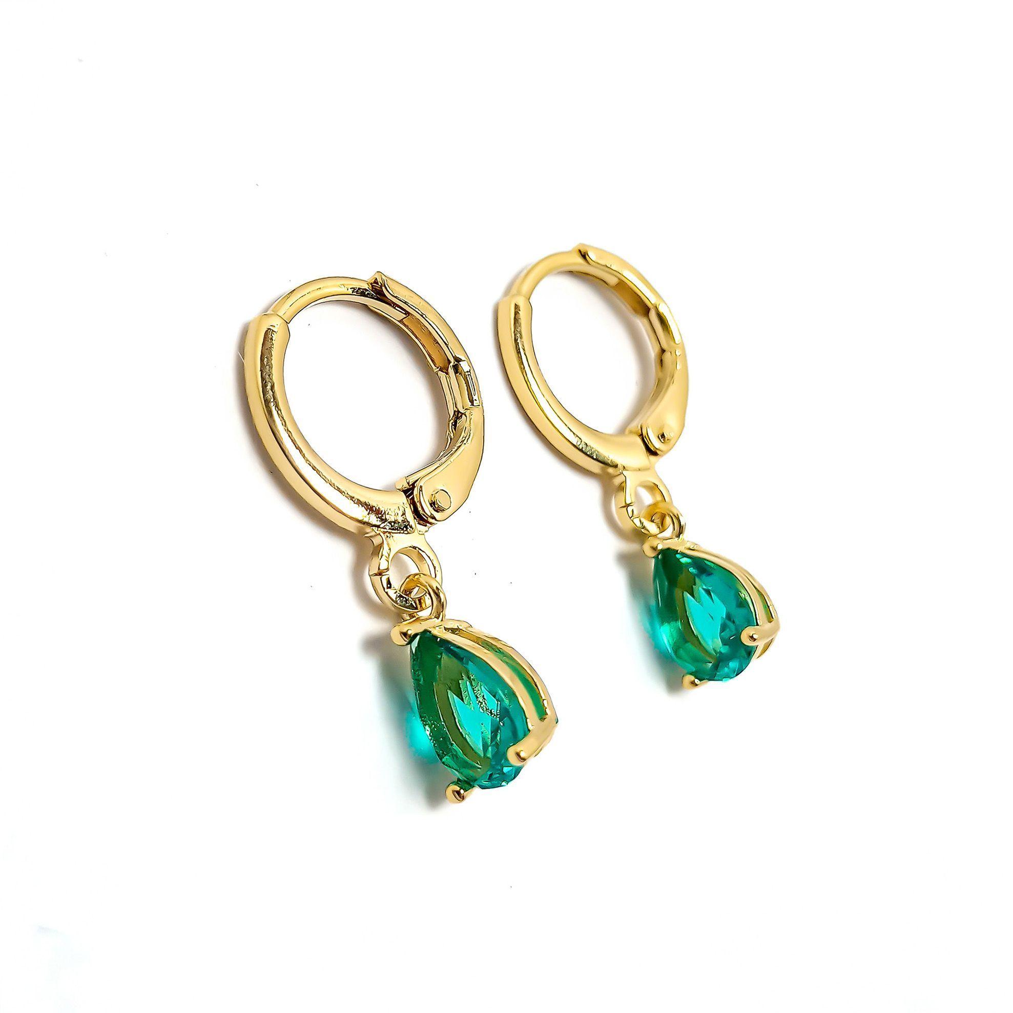 Aros Argolla Circón Gota Verde Enchapado Oro 18K-2