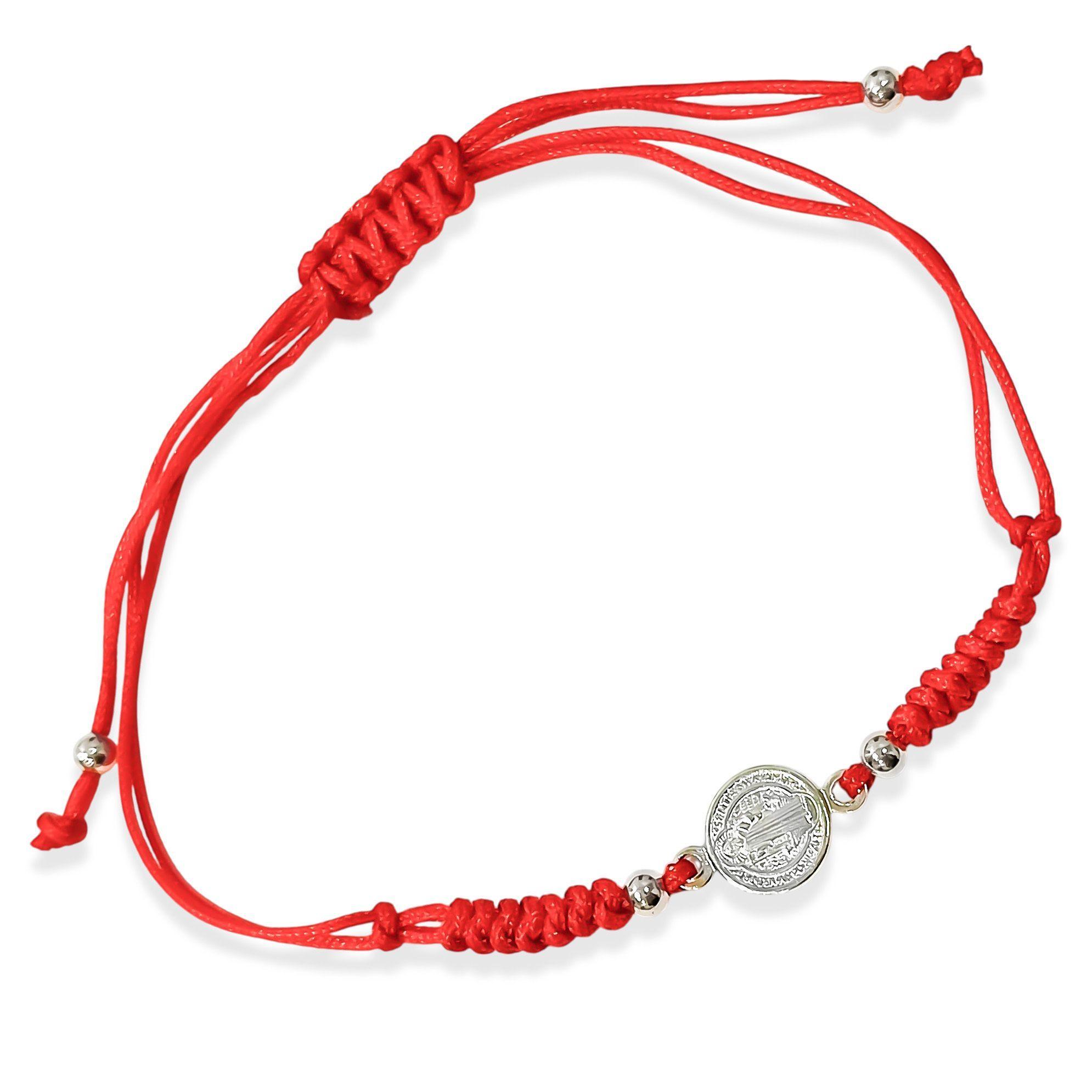 Pulsera Medalla San Benito Plata Fina 925 Cordón Rojo Tejido-2