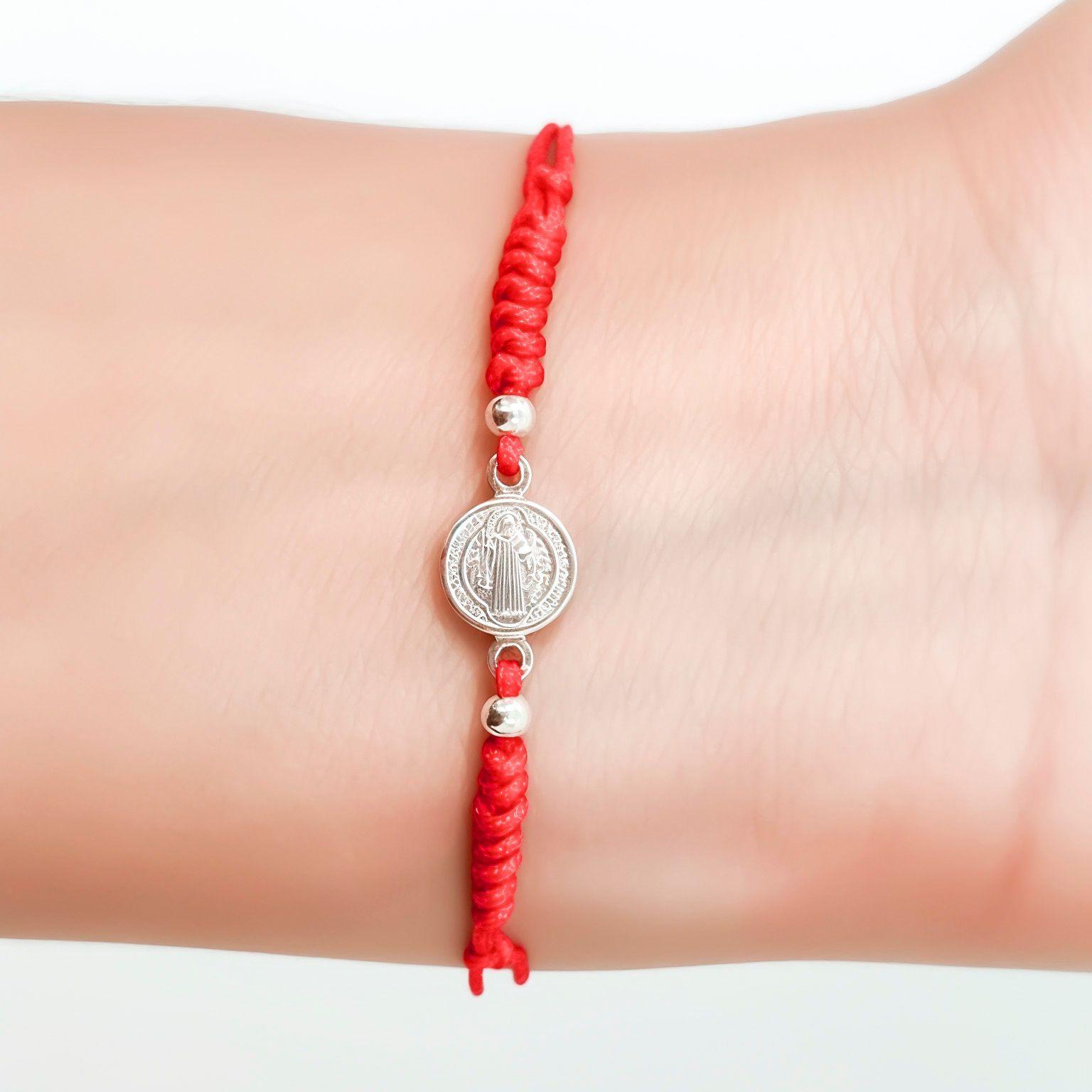 Pulsera Medalla San Benito Plata Fina 925 Cordón Rojo Tejido-3
