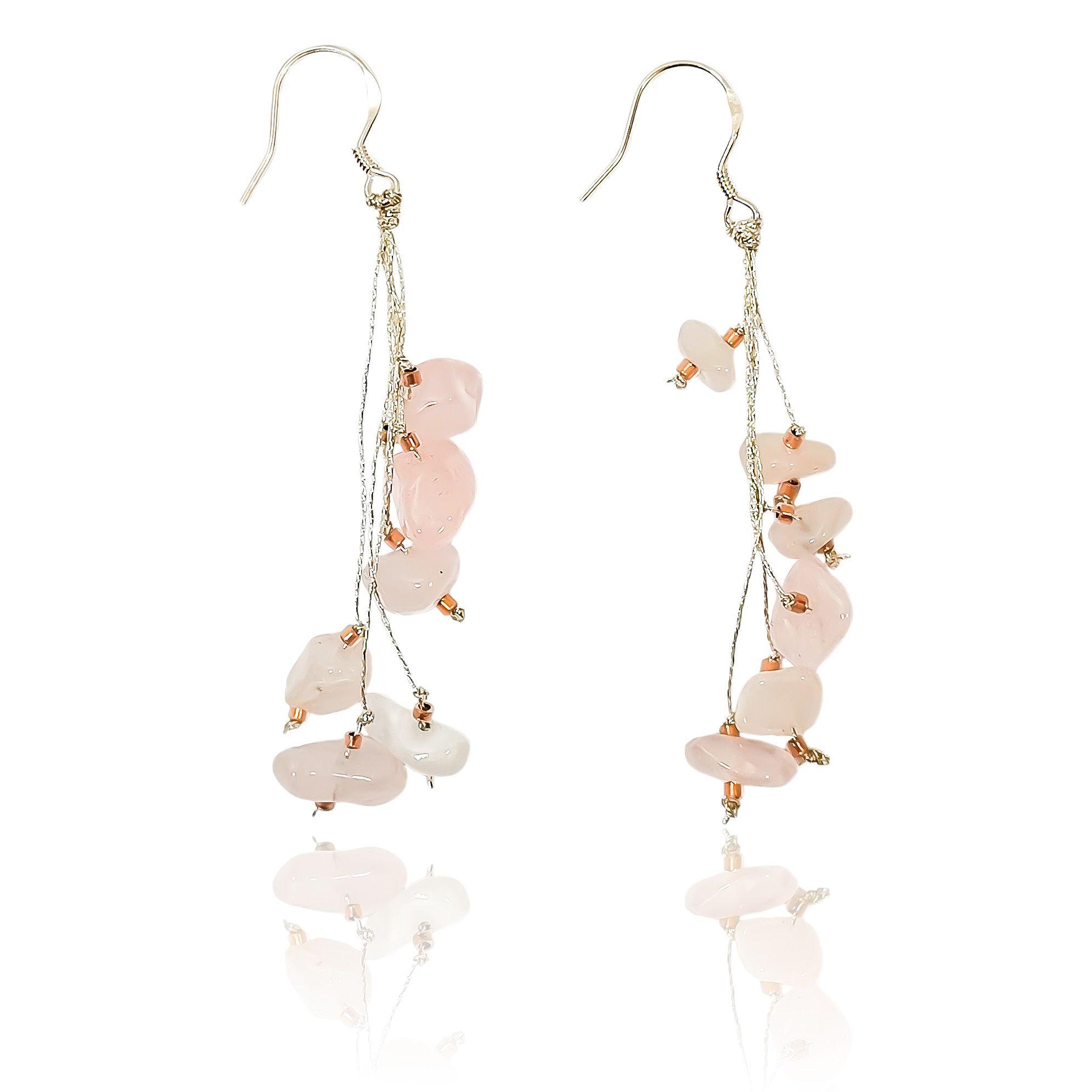 Aros Cuarzo Rosa Chip Hilo Gancho Plata Fina 925-0