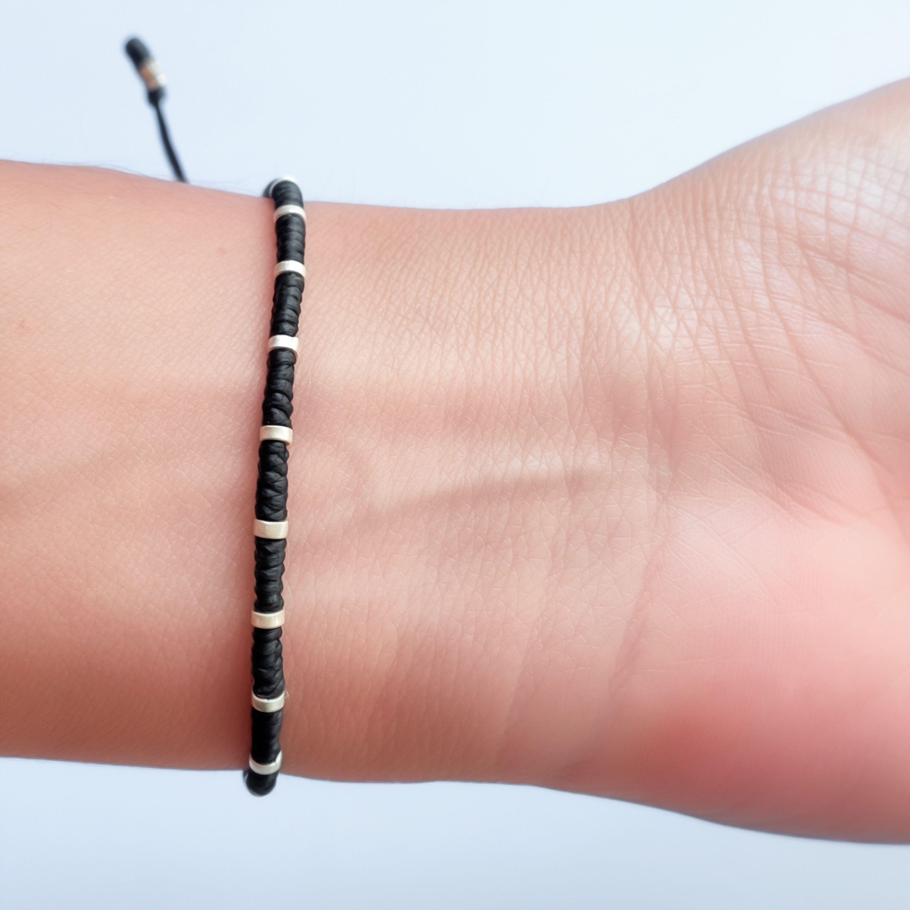 Pulsera Arandelas Plata Fina 925 Cordón Negro-3