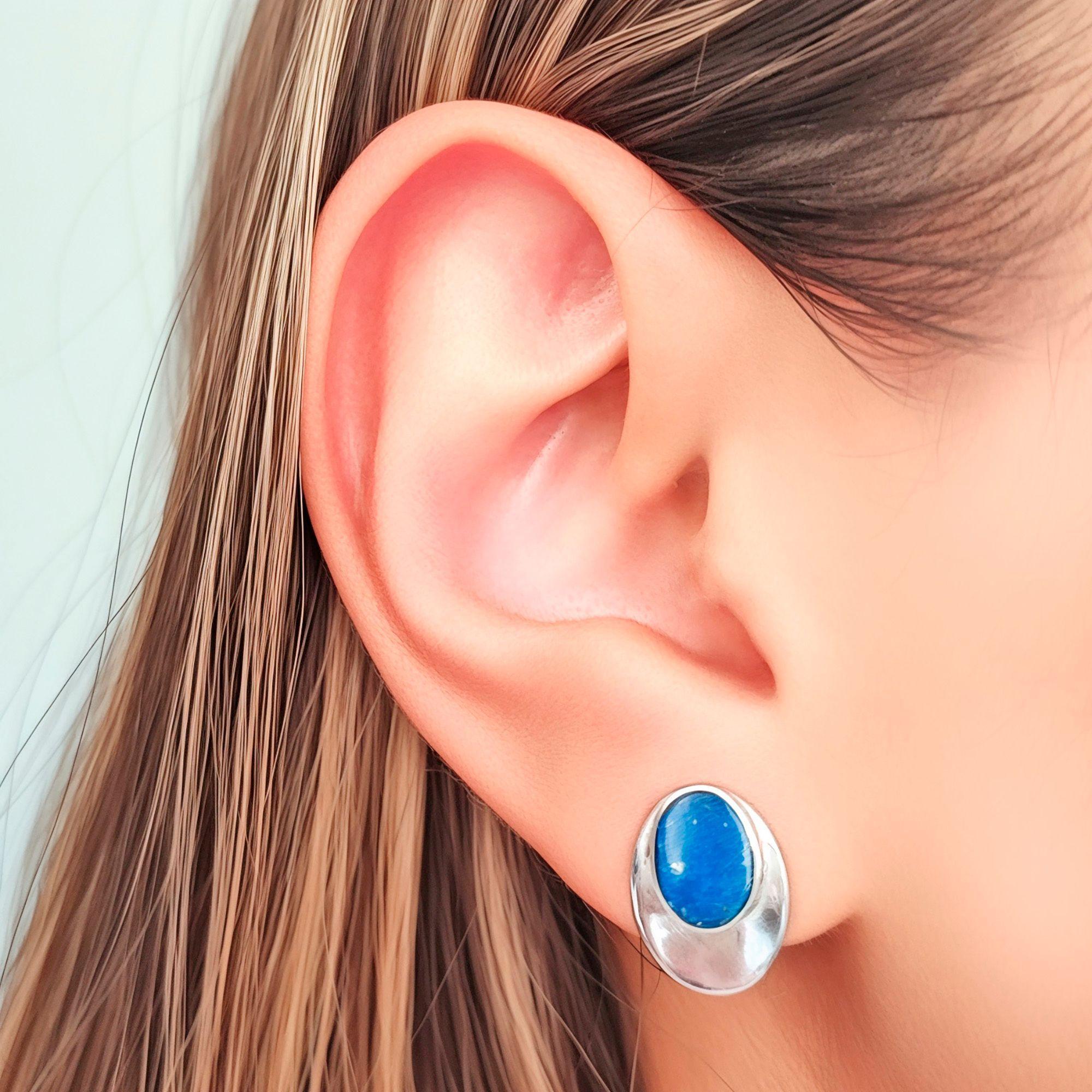 Aros Lapislázuli Ovalado Cóncavo Plata Fina 925-2