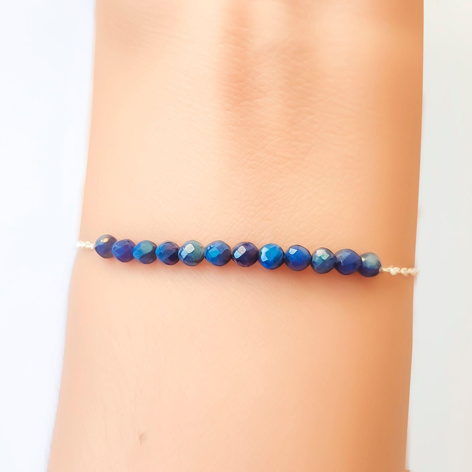 Pulsera Lapislázuli Bolita Facetada 3mm Plata Fina 925 -2