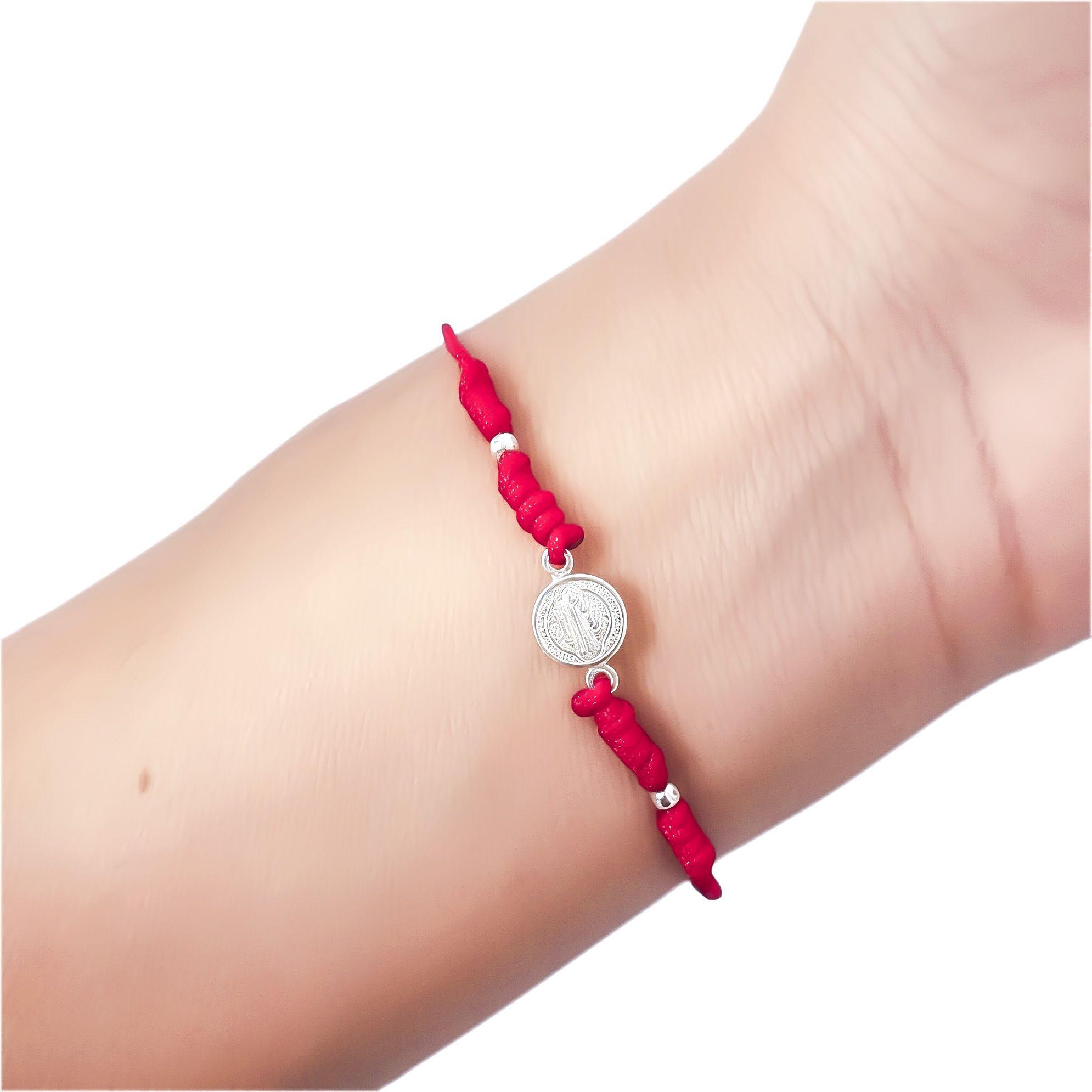 Pulsera Medalla San Benido Plata Fina 925 Nudo Cord n Rojo-2