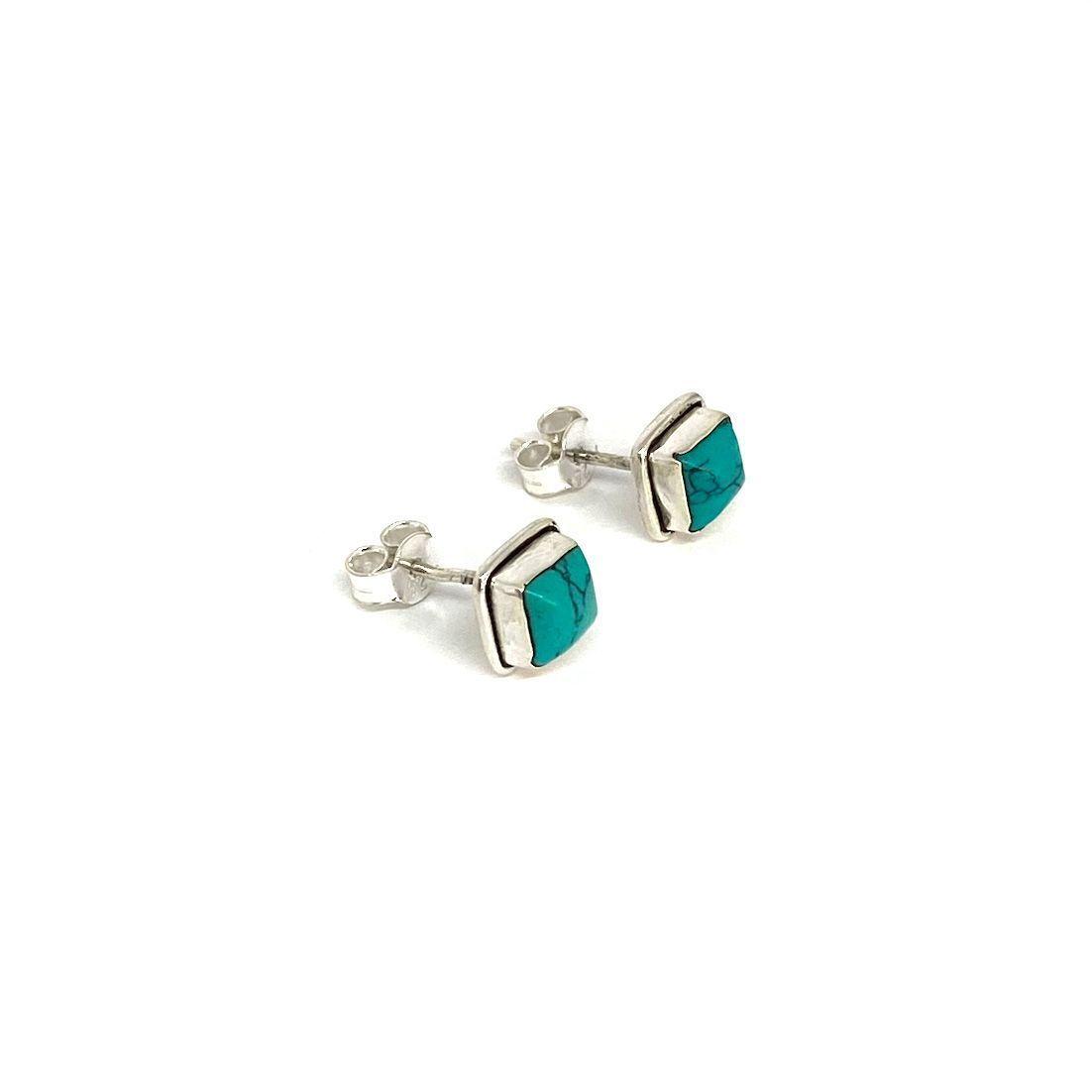 Aros Botón Cuadrado Turquesa Plata Fina 925-2