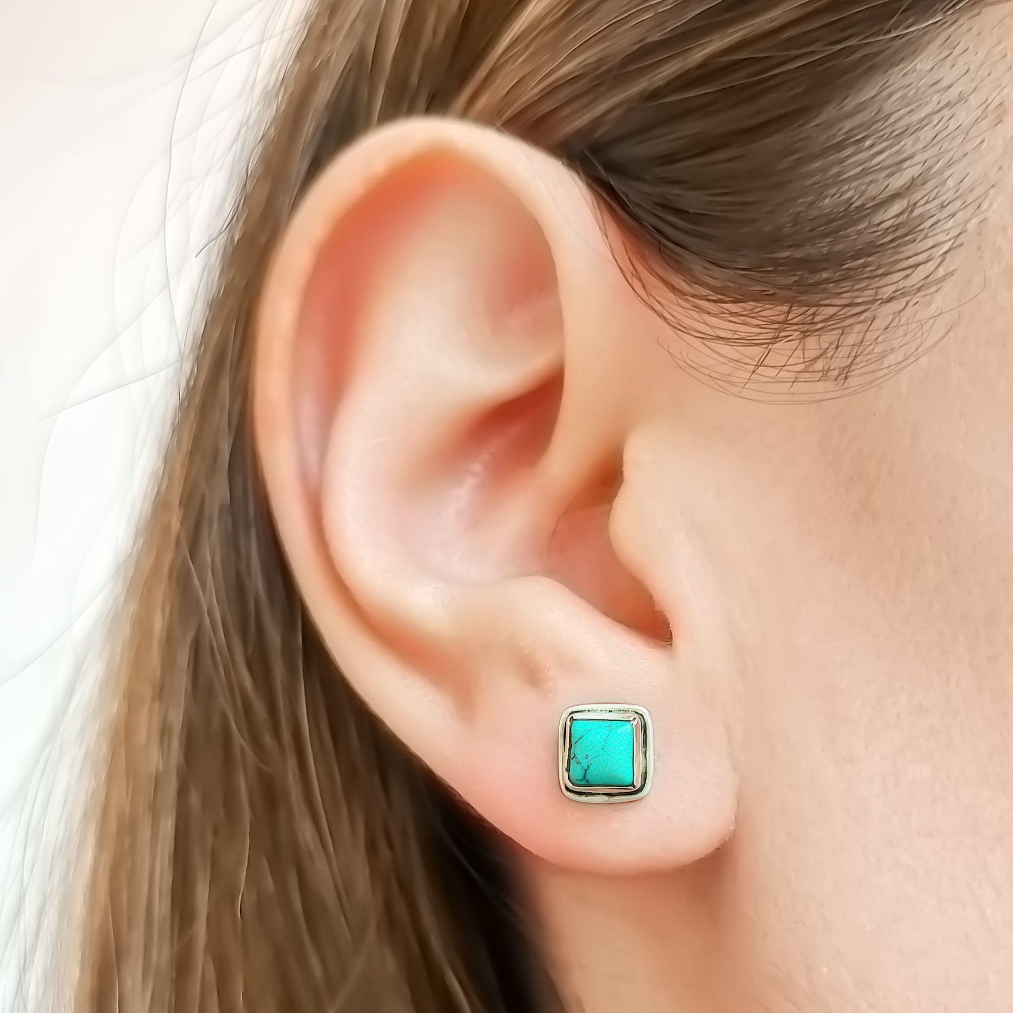 Aros Botón Cuadrado Turquesa Plata Fina 925-3