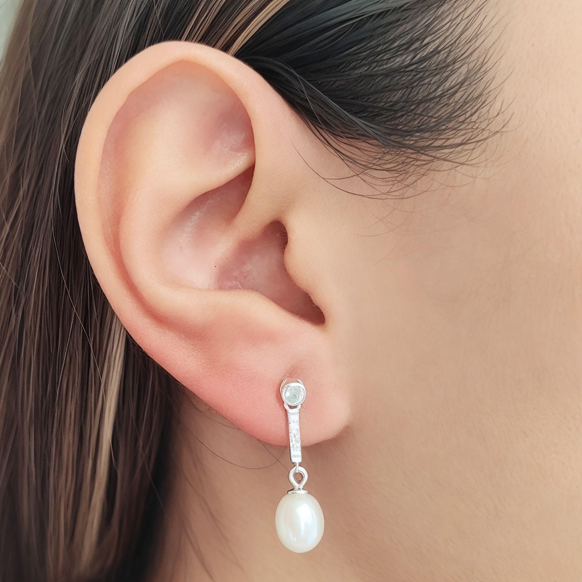 Aros Perla De Río Colgante Palito Circón Plata Fina 925-2