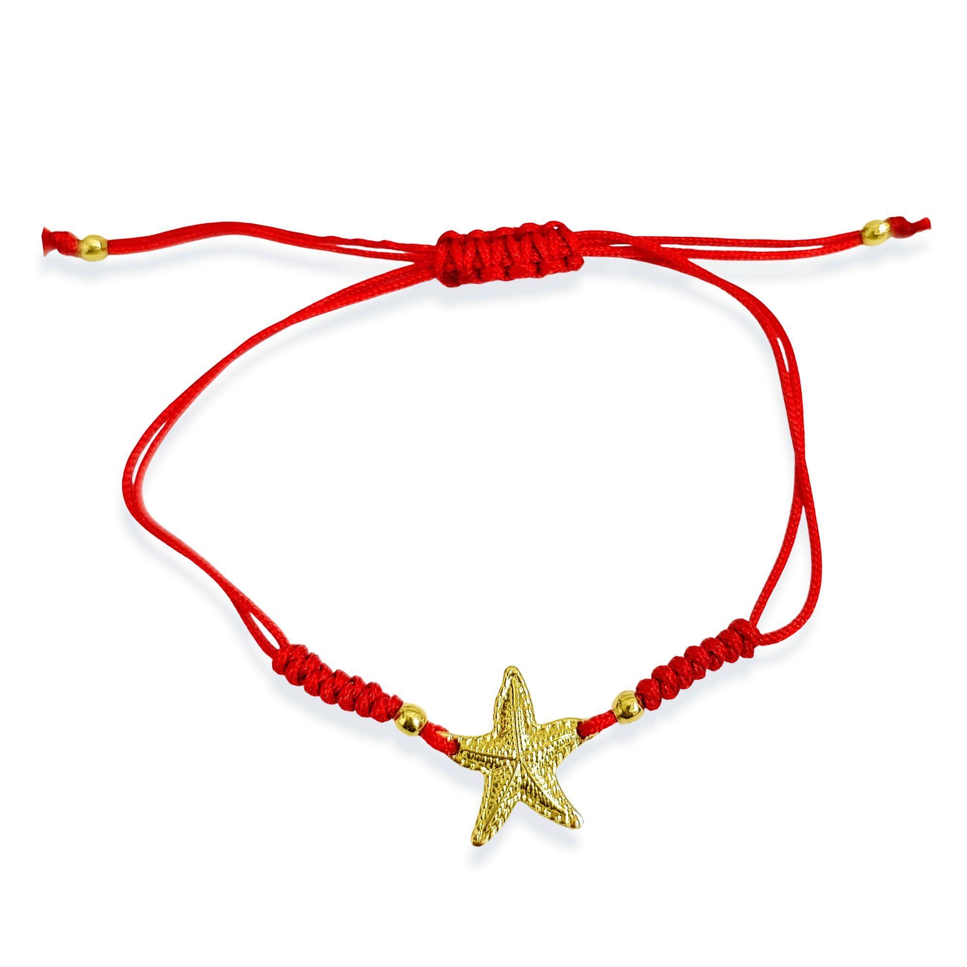 Pulsera Estrella De Mar Satinada Enchapada Oro 18K Cordón Rojo-2