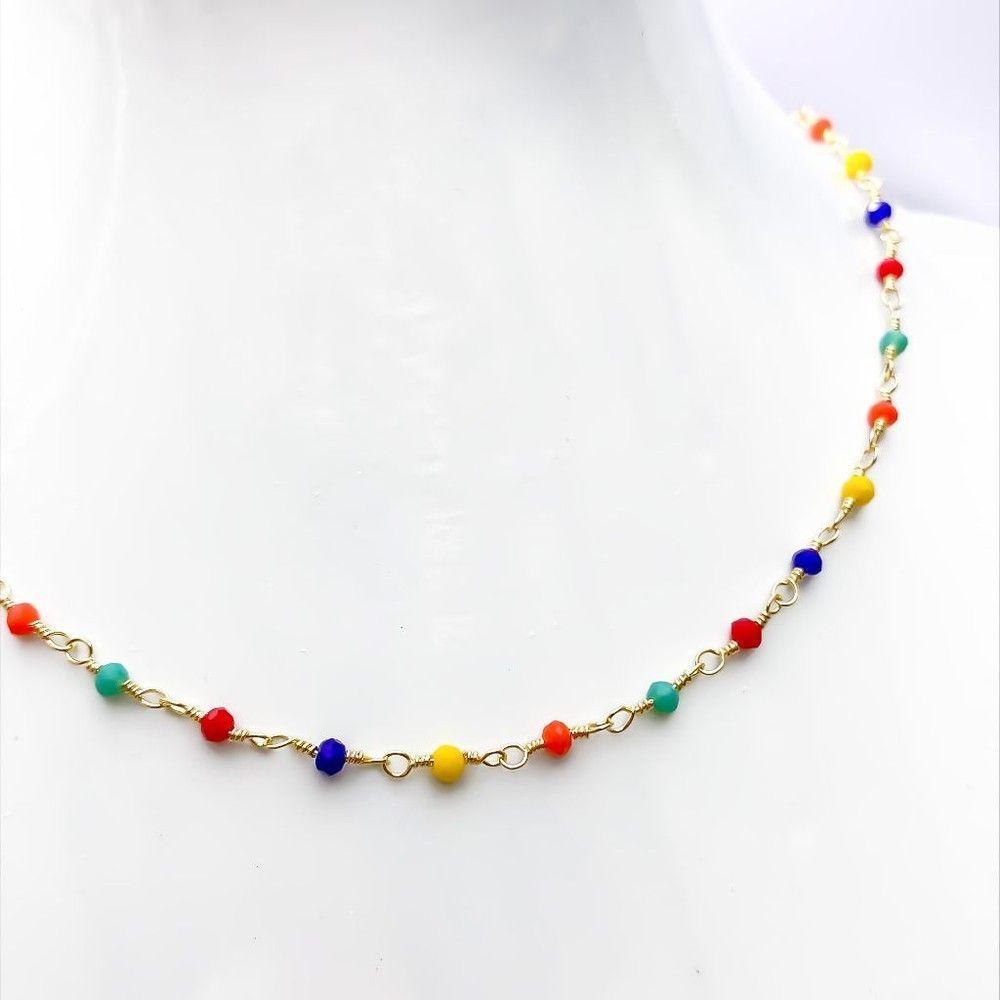 Collar Choker Cristales Colores 40cm Enchapado Oro 18K-2