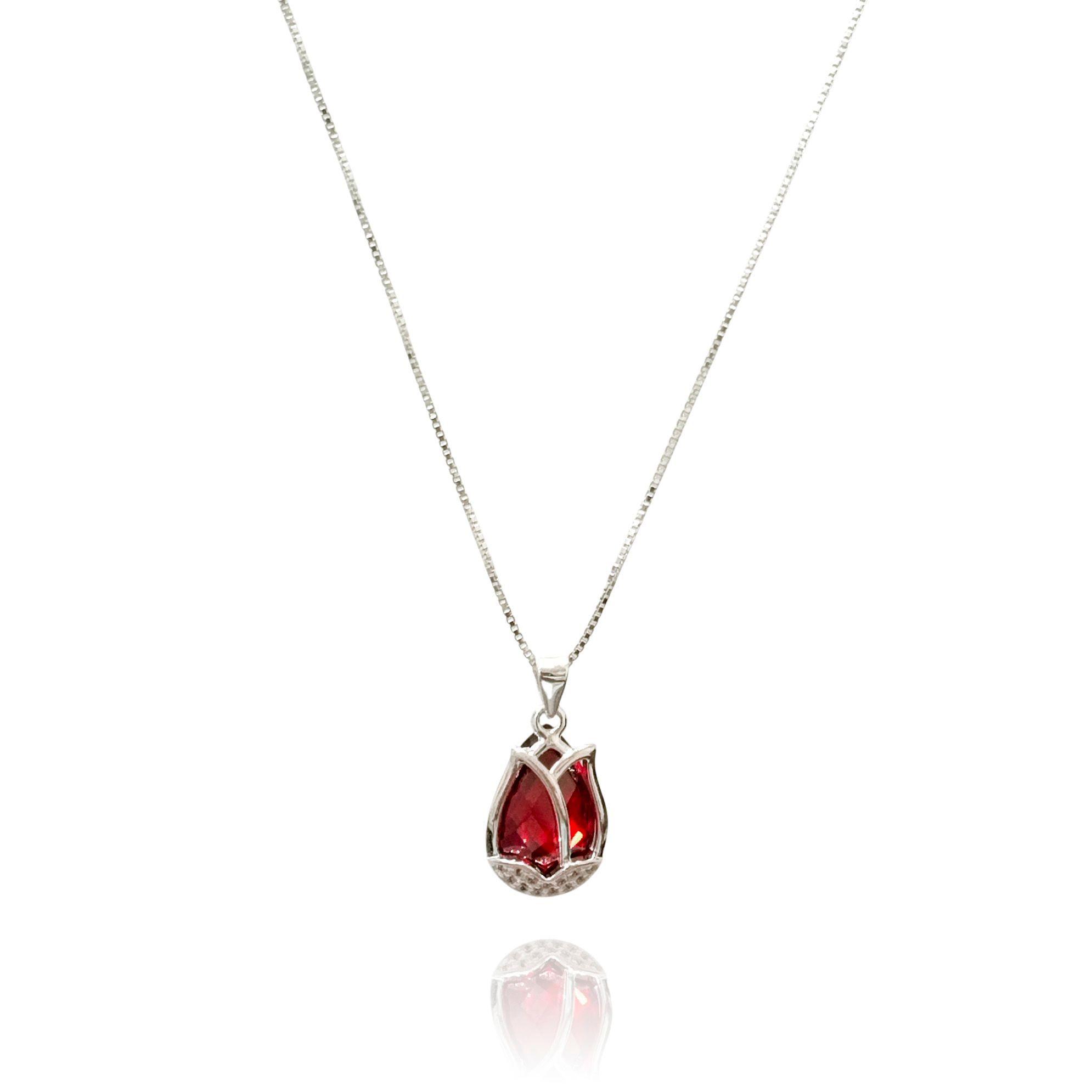 Collar Tulipán Circón Rojo Facetado Plata Fina 925-2