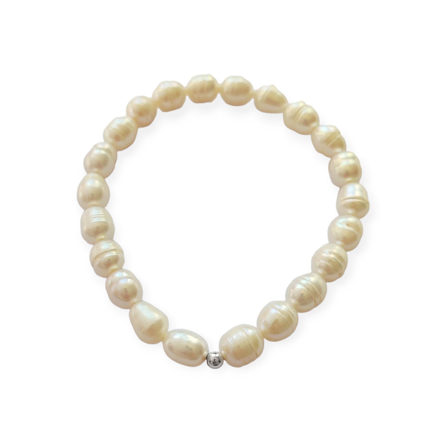 Pulsera Perlas De Río Naturales Bolita Plata Fina 925 Elásticada-0