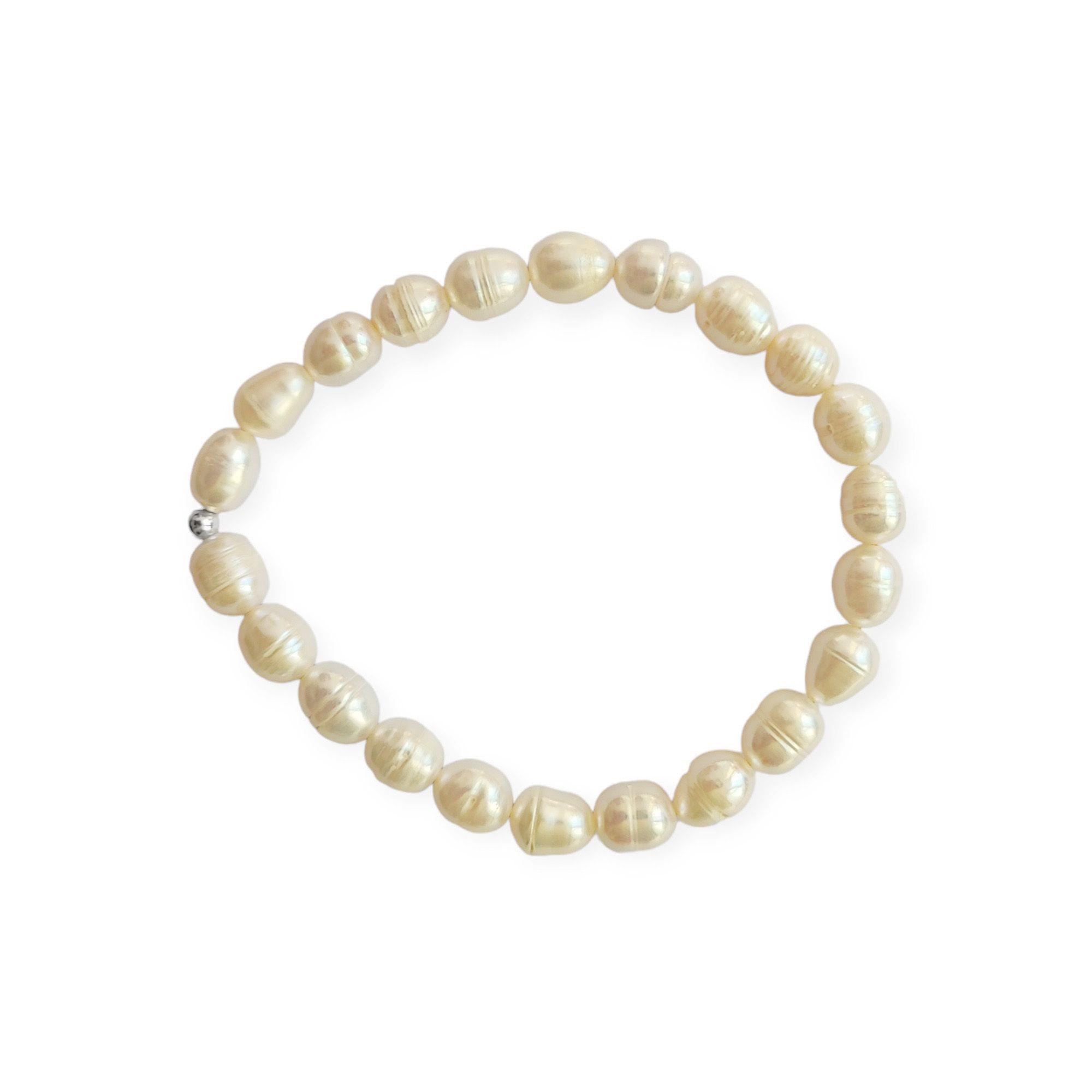 Pulsera Perlas De Río Naturales Bolita Plata Fina 925 Elásticada-1