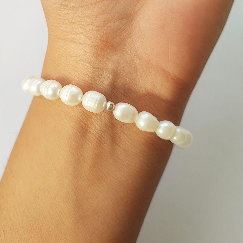 Pulsera Perlas De Río Naturales Bolita Plata Fina 925 Elásticada-2