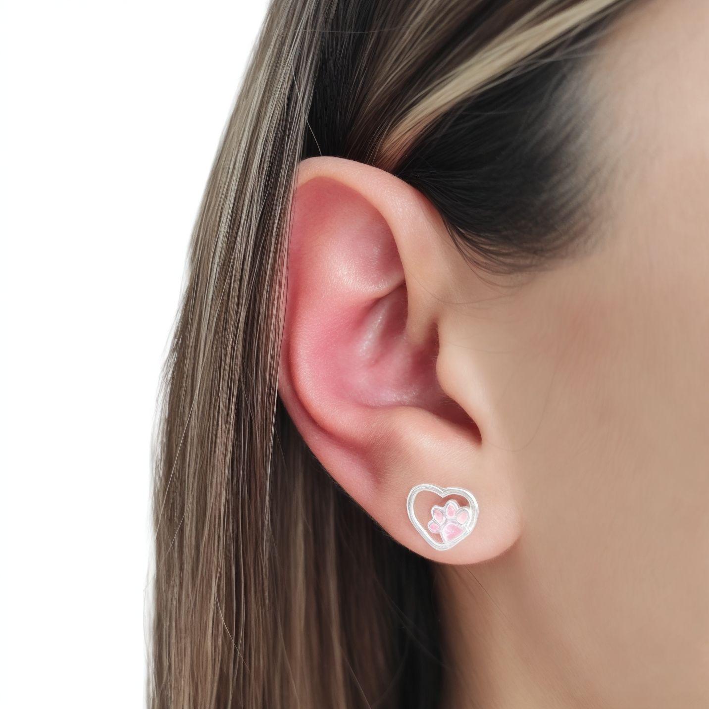 Aros Corazón Huella Circón Rosado Plata Fina 925-3