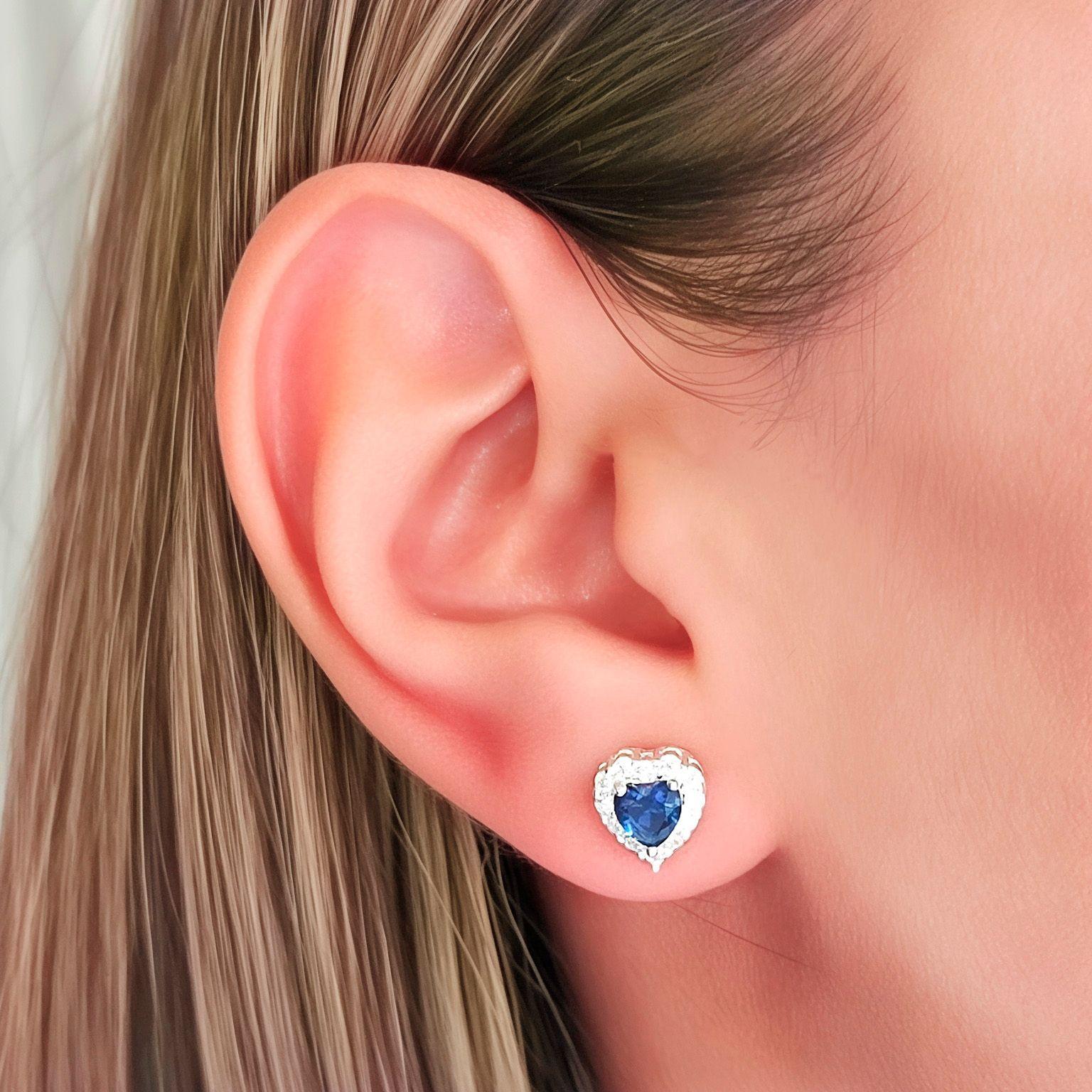 Aros Lady Corazón Circón Azul Plata Fina 925-2