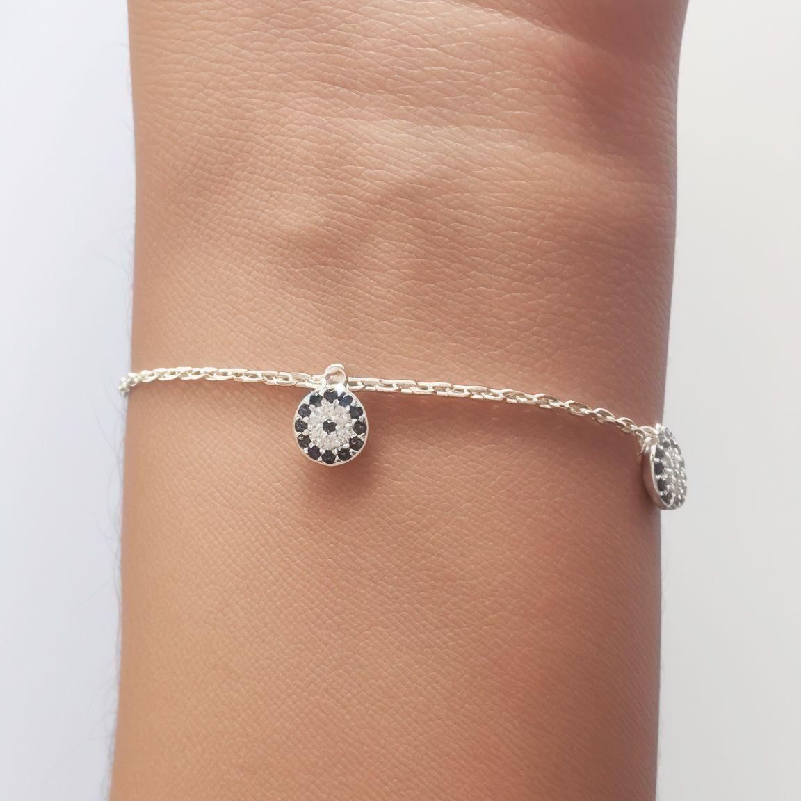 Pulsera 4 Ojos Turcos Colgantes Plata Fina 925-2