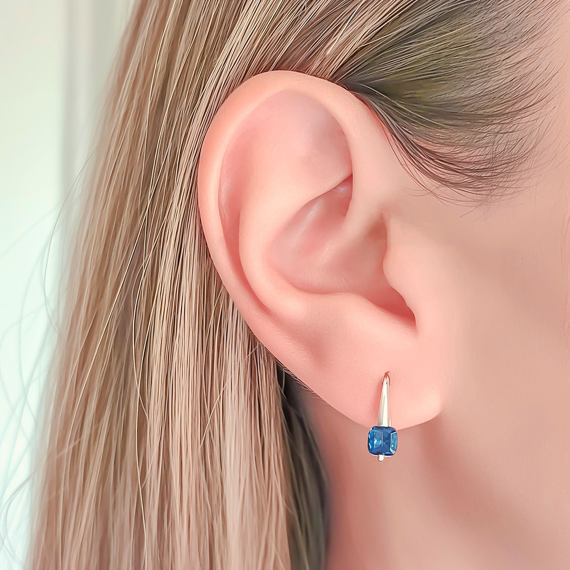 Aros Gancho Circón Cuadrado Azul Plata Fina 925-2