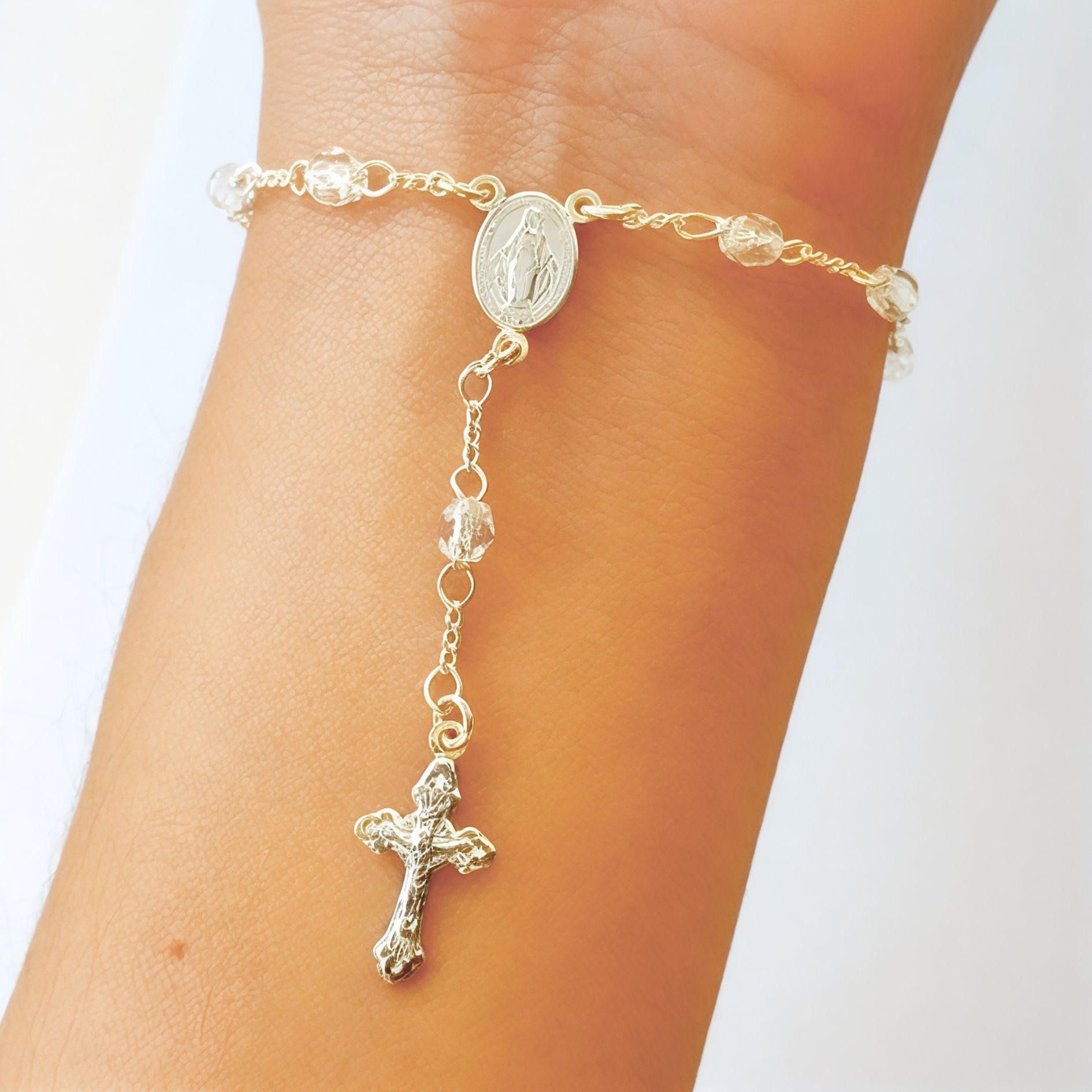 Pulsera Denario Cristal Blanco Plata Fina 925-4