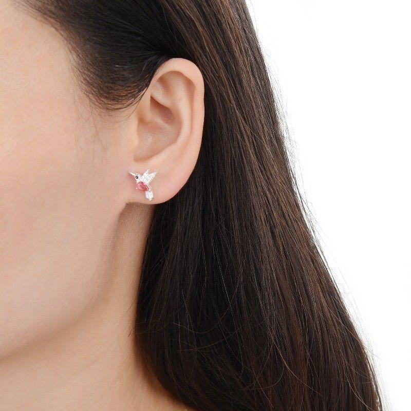 Aros Colibrí Circón Rosado Plata Fina 925-3