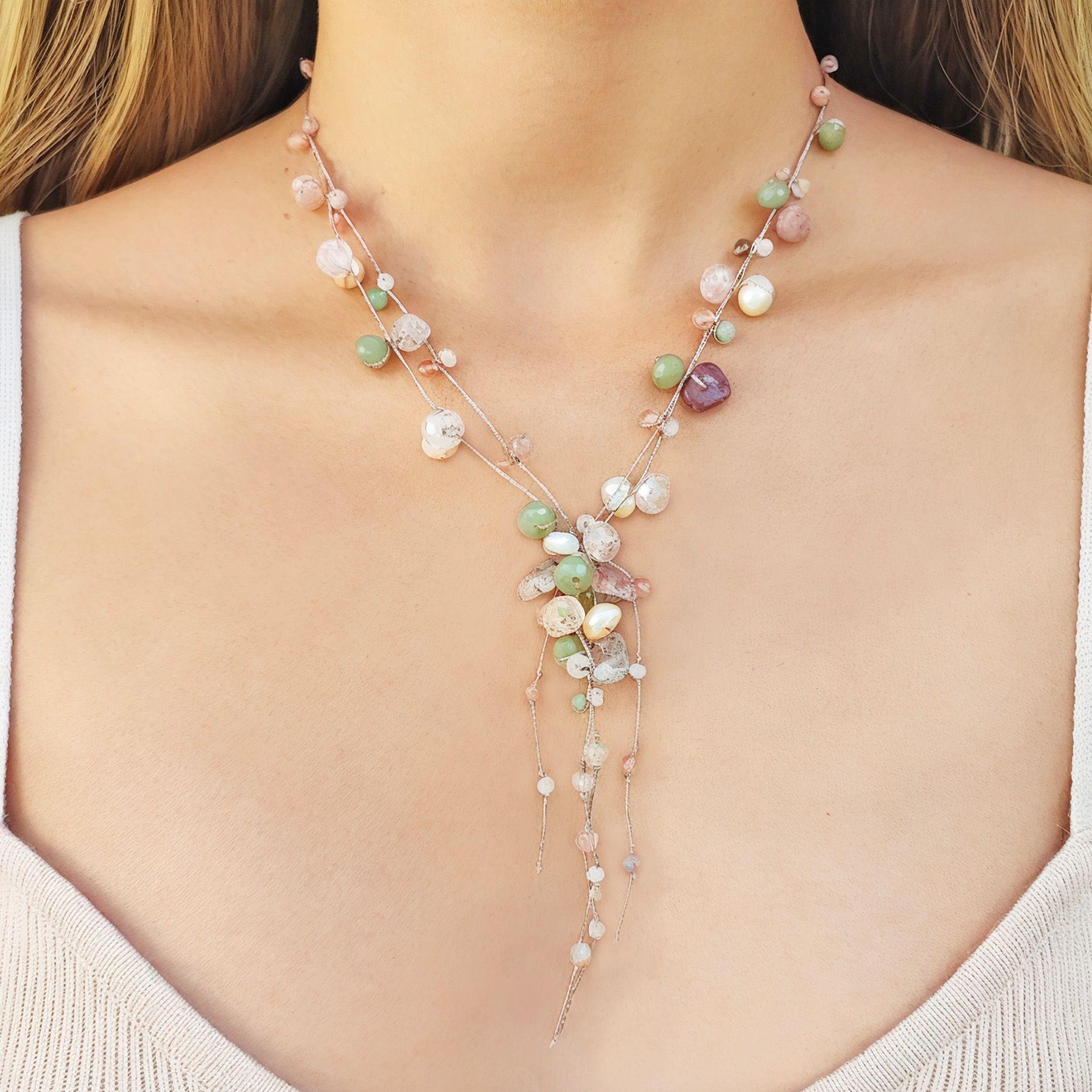 Collar Cuarzo Rosado Perla Río Cristal Hilo Seda-2