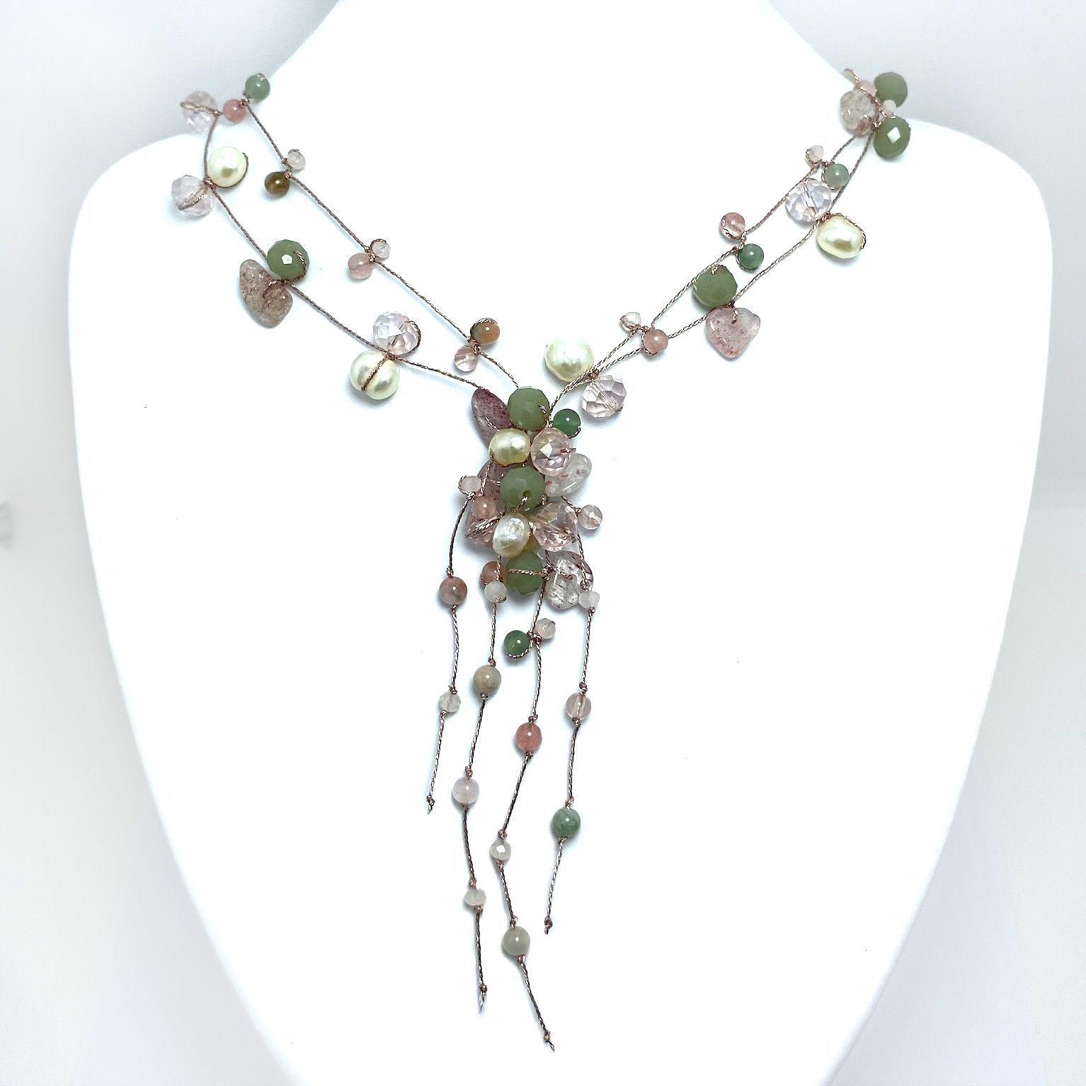 Collar Cuarzo Rosado Perla Río Cristal Hilo Seda-0